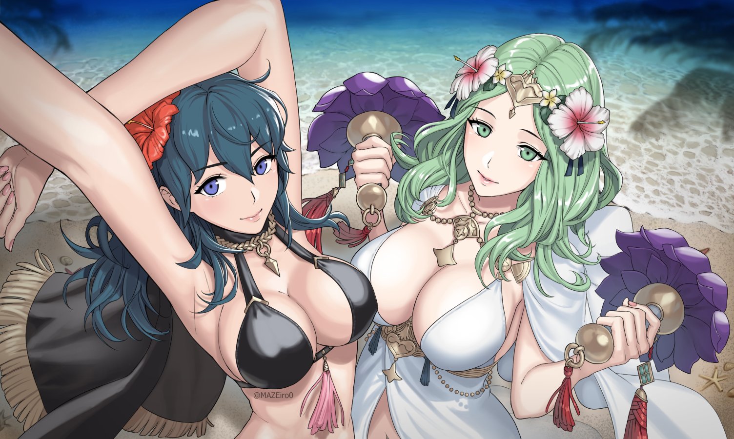 2girls, alternate costume, arm up, bangs, bikini, black bikini, black swimsuit, breasts, byleth (fire emblem), byleth (fire emblem) (female), byleth (summer) (fire emblem) (female), capelet, cleavage, closed mouth, collarbone, commentary, dual wielding, female, fingernails, fire emblem, fire emblem heroes, fire emblem: three houses, flower, green eyes, green hair, hair flower, hair ornament, hibiscus, holding, large breasts, lips, long hair, looking at viewer, maze draws, medium hair, multiple females, multiple girls, nintendo, outdoors, parted lips, purple eyes, rhea (fire emblem), rhea (summer) (fire emblem), shiny, shiny hair, shiny skin, shore, signature, simple background, smile, swimsuit, teal hair, upper body, water, white bikini, white swimsuit