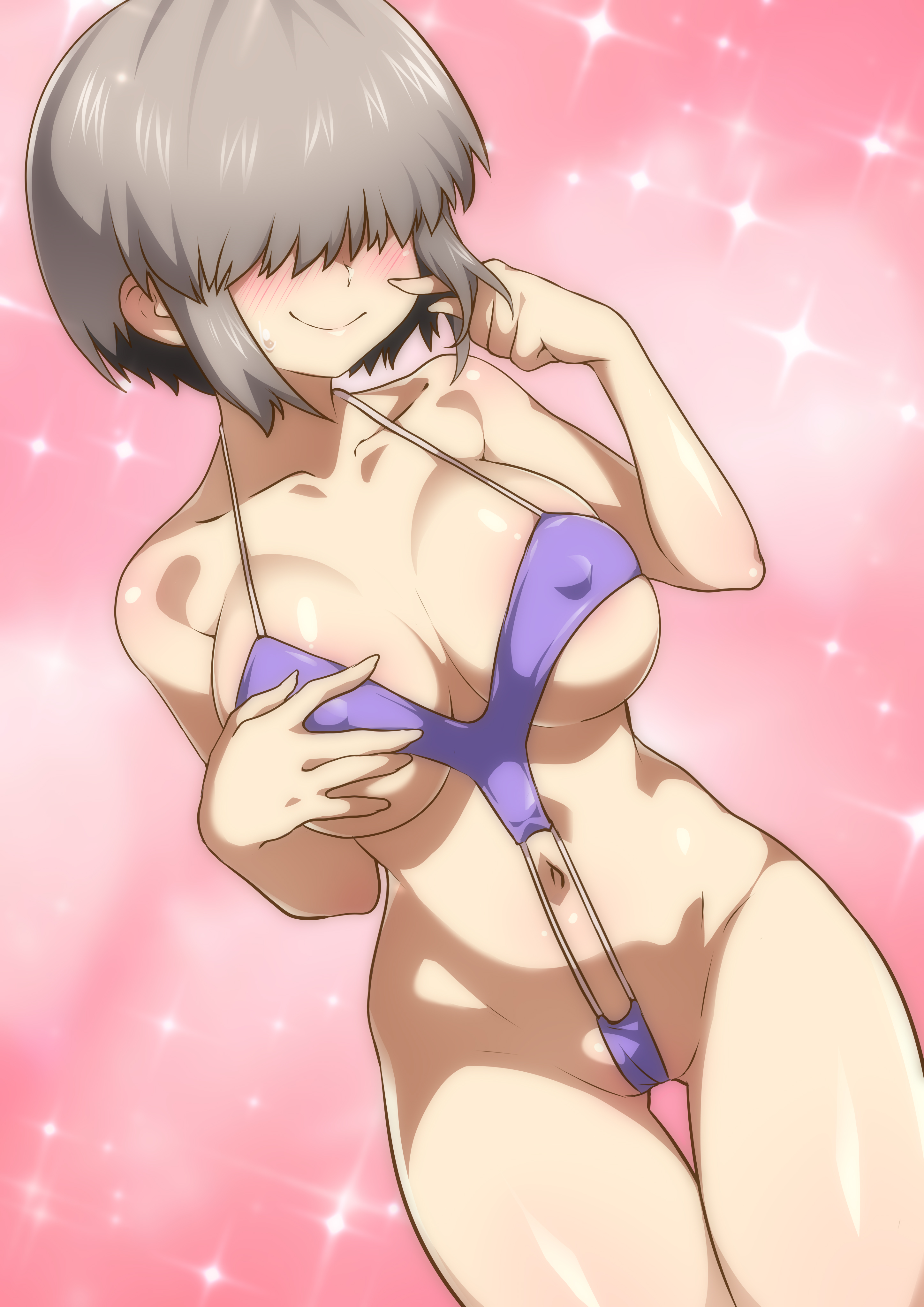 1girls, absurdres, blush, breasts, embarrassed, female, grey hair, hair over eyes, high resolution, jcm2, micro bikini, nipple bulge, revealing clothes, short hair, smile, solo, standing, thick thighs, thighs, uzaki yanagi, uzaki-chan wa asobitai!