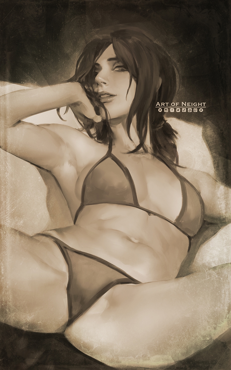 1girls, armpits, attack on titan, bikini, black hair, dark hair, female, laying down, long hair, looking at viewer, navel, neight, painting (artwork), pieck finger, shingeki no kyojin, swimsuit