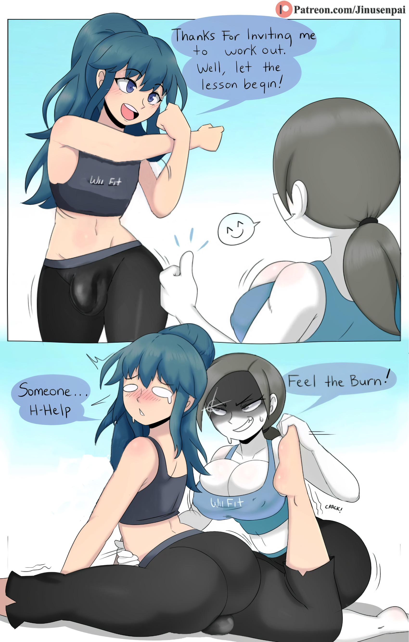 1boy, 1girls, alternate hairstyle, ass, backsack, balls, ballsack, big ass, big breasts, blush, breasts, bulge, byleth (fire emblem), byleth (fire emblem) (female), crossover, dialogue, edit, english text, feet, female, female/male, femboy, femboy on female, femboysub, femdom, fire emblem, fire emblem: three houses, genderswap, genderswap (ftm), green hair, grey hair, huge ass, huge bulge, jinu, male, male/female, malesub, nintendo, ponytail, rule 63, speech bubble, straight, stretching, super smash bros., sweat, sweatdrop, tank top, text, text bubble, third-party edit, thumbs up, trap, white skin, wii fit, wii fit trainer, wii fit trainer (female), workout, yoga pants