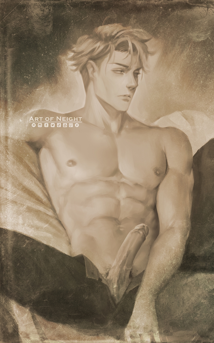 1boy, abs, jujutsu kaisen, kento nanami, male, male only, neight, painting (artwork), penis, solo