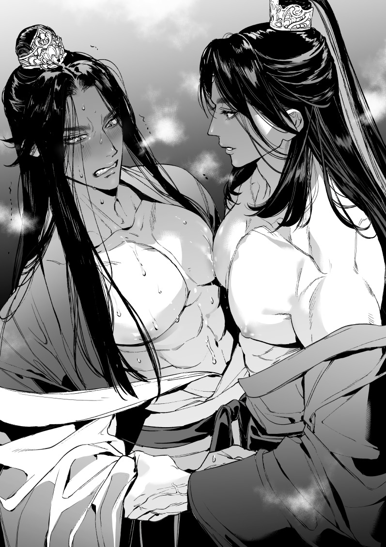 2boys abs ambush_(trap) androgynous black_hair femboy long_hair male male_only manboobs monochrome nipples pecs toned trap wadani_hitonori