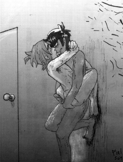 2boys 2d 2d_(gorillaz) black_and_white black_hair blue_hair carrying carrying_partner duo gay gorillaz green_skin kissing leaning_against_wall light_skin male male/male male_only multiple_boys murdoc_niccals yaoi