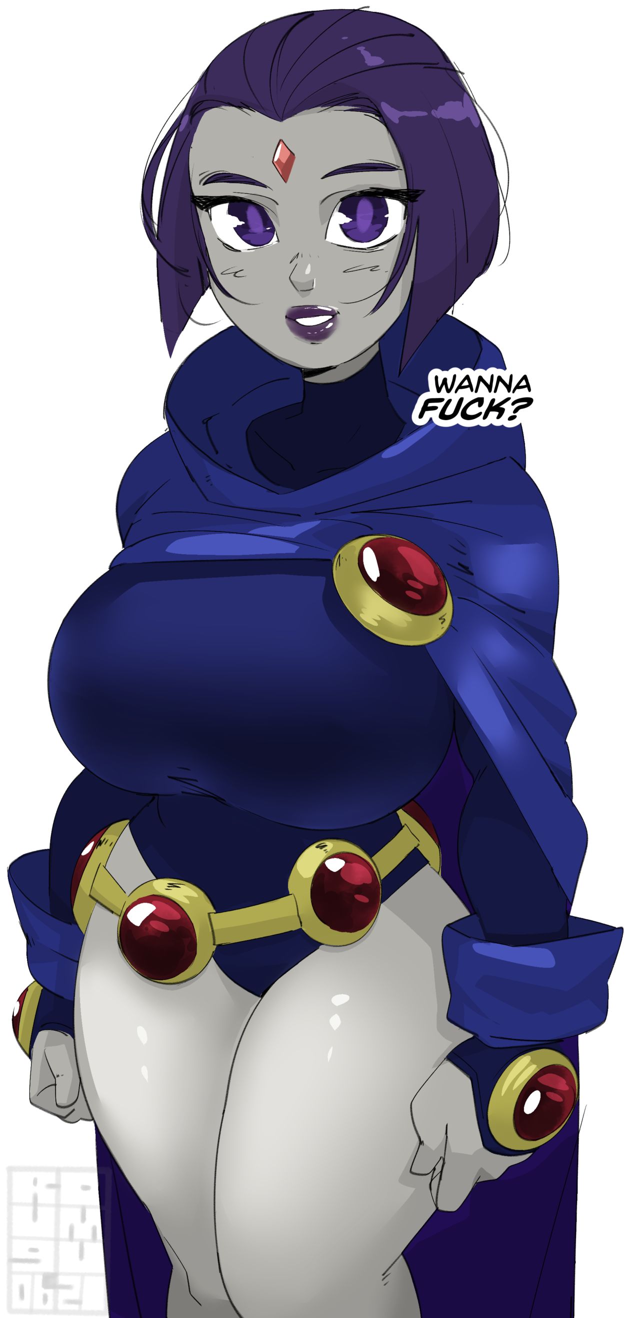 1girls, breasts, casual, clothing, dc, dc comics, dialogue, edit, female, hi res, huge breasts, leotard, lips, lipstick, looking at viewer, offscreen character, pale skin, purple eyes, purple hair, rachel roth, raven (dc), roumgu, seductive smile, short hair, smile, teen titans, thick lips, thick thighs, tight clothing, wide hips