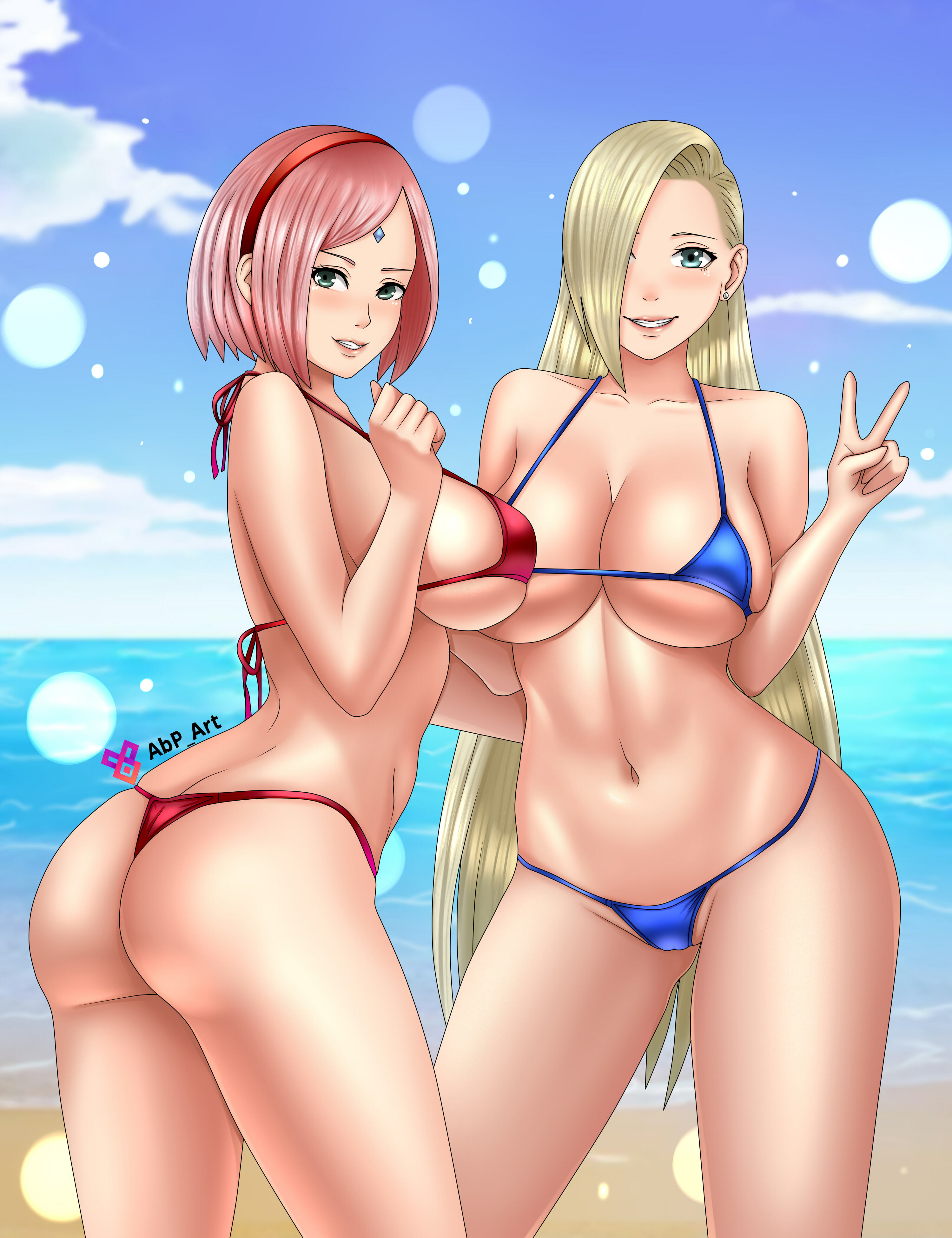 2girls, abp art, alternate breast size, arched back, artist name, ass, ass cleavage, ass crack, bangs, bare shoulders, beach, big breasts, bikini, blonde hair, blue eyes, blue sky, blush, bob cut, boruto: naruto next generations, breasts, butt crack, cameltoe, cleavage, curvaceous, curvy, curvy body, curvy female, curvy figure, curvy hips, earrings, facial mark, female, female only, female with female, female/female, flashing, forehead mark, friends, front view, green eyes, grin, hair ornament, hair over one eye, hairband, high resolution, ino yamanaka, jewelry, landscape, lipstick, logo, long hair, looking at viewer, makeup, micro bikini, multiple females, multiple girls, naruto, naruto (series), naruto shippuden, naruto: the last, navel, ocean, outdoors, parted bangs, peace sign, pink hair, posing, pussy, round ass, sakura haruno, sand, shiny, shiny hair, shiny skin, shoulder length hair, side view, sideboob, skimpy, skimpy bikini, skindentation, sky, smile, sparkles, standing, swimsuit, thong bikini, url, v, very long hair, water, watermark, web address, wide hips, yuri
