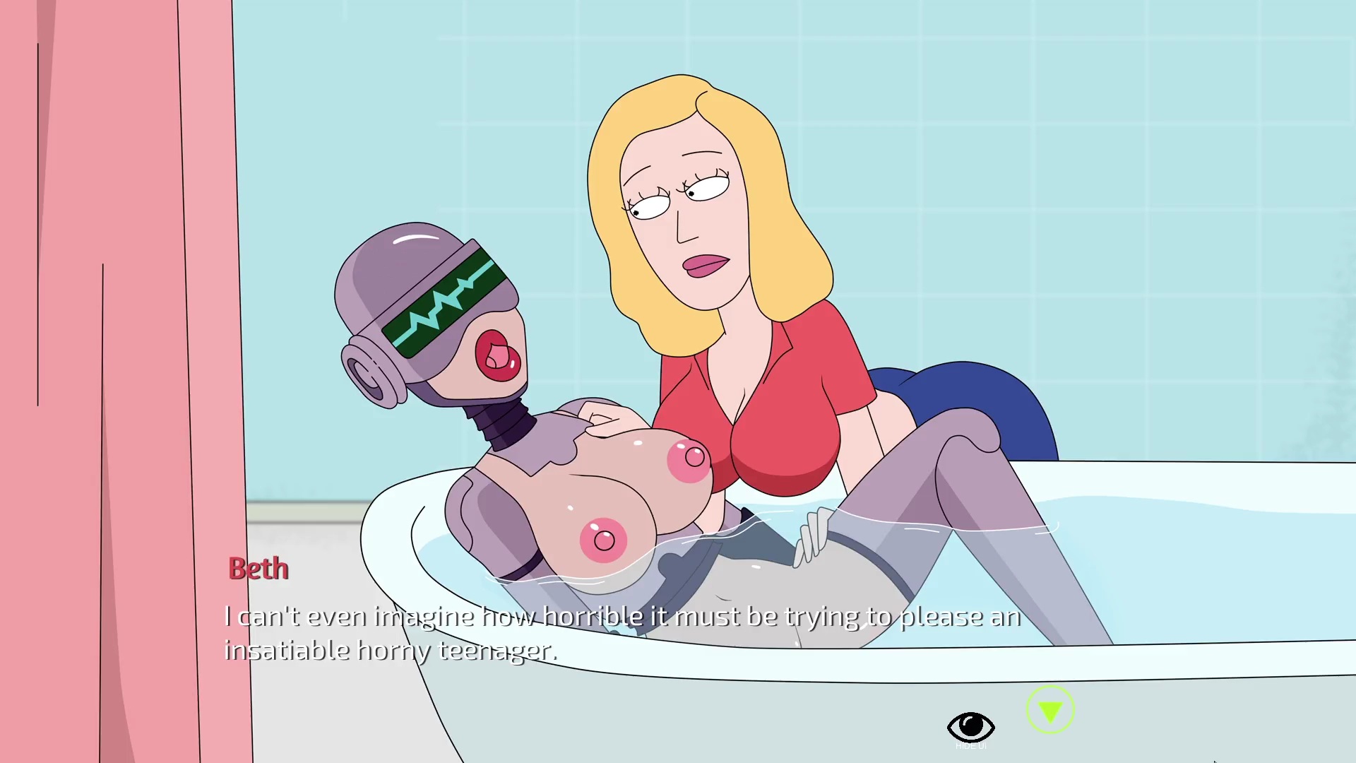 2girls, bathroom, bathtub, beth smith, big breasts, big lips no eyes, blonde hair, breasts, cleaning, clothed, clothed female, female, ferdafs, gwendolyn (rick and morty), lipstick, long hair, mature female, milf, mother, multiple females, multiple girls, nipples, older female, partially clothed, rick and morty, rick and morty: a way back home, yuri