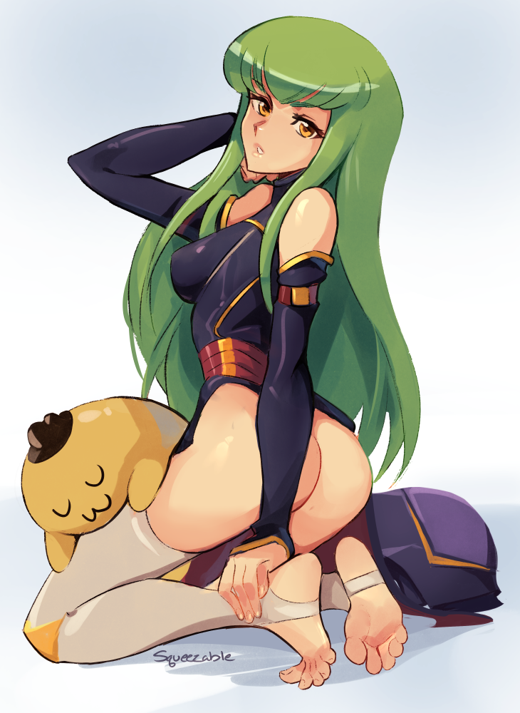 ass c.c. cheese-kun code_geass feet female green_hair long_hair looking_back pizza_hut squeezable stirrup_legwear