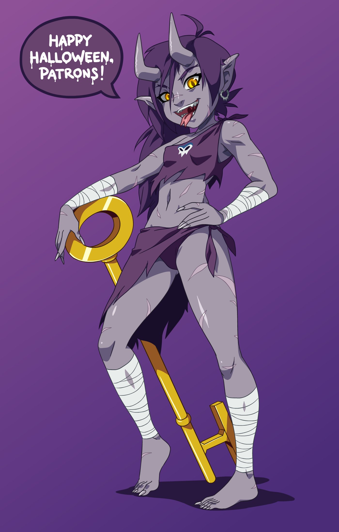 barefoot, dialogue, english dialogue, english text, feet, female, long hair, monster girl, original, ponytail, purple hair, simple background, tagme, text, zone, zone-tan