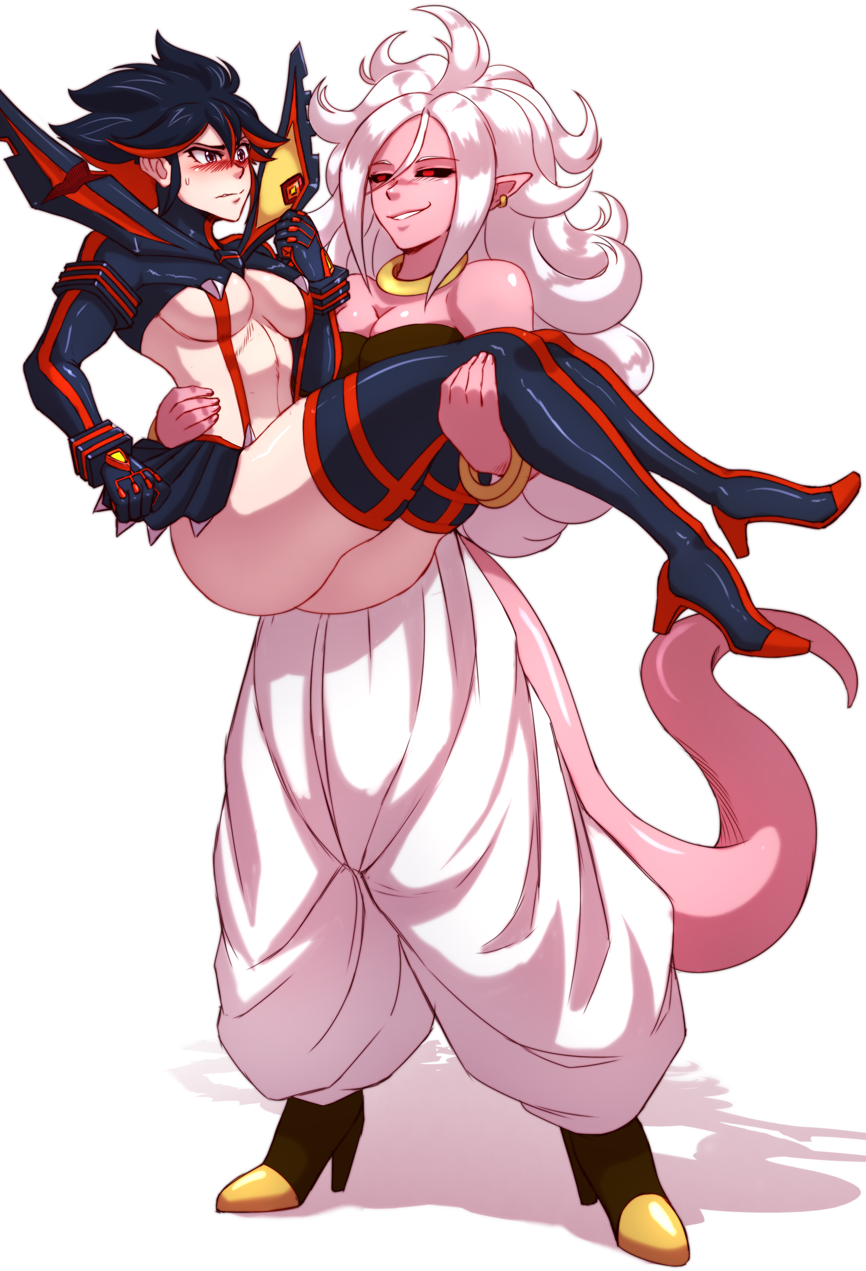 2010s, 2girls, android 21, ass, big ass, big breasts, black sclera, breasts, dark persona, dno, dragon ball, dragon ball fighterz, female, female carrying female, female only, humanoid, kill la kill, long hair, majin, majin android 21, matoi ryuuko, monster girl, multiple females, multiple girls, pink skin, pointy ears, princess carry, red eyes, senketsu, stockings, tail, tomboy, white hair, yuri