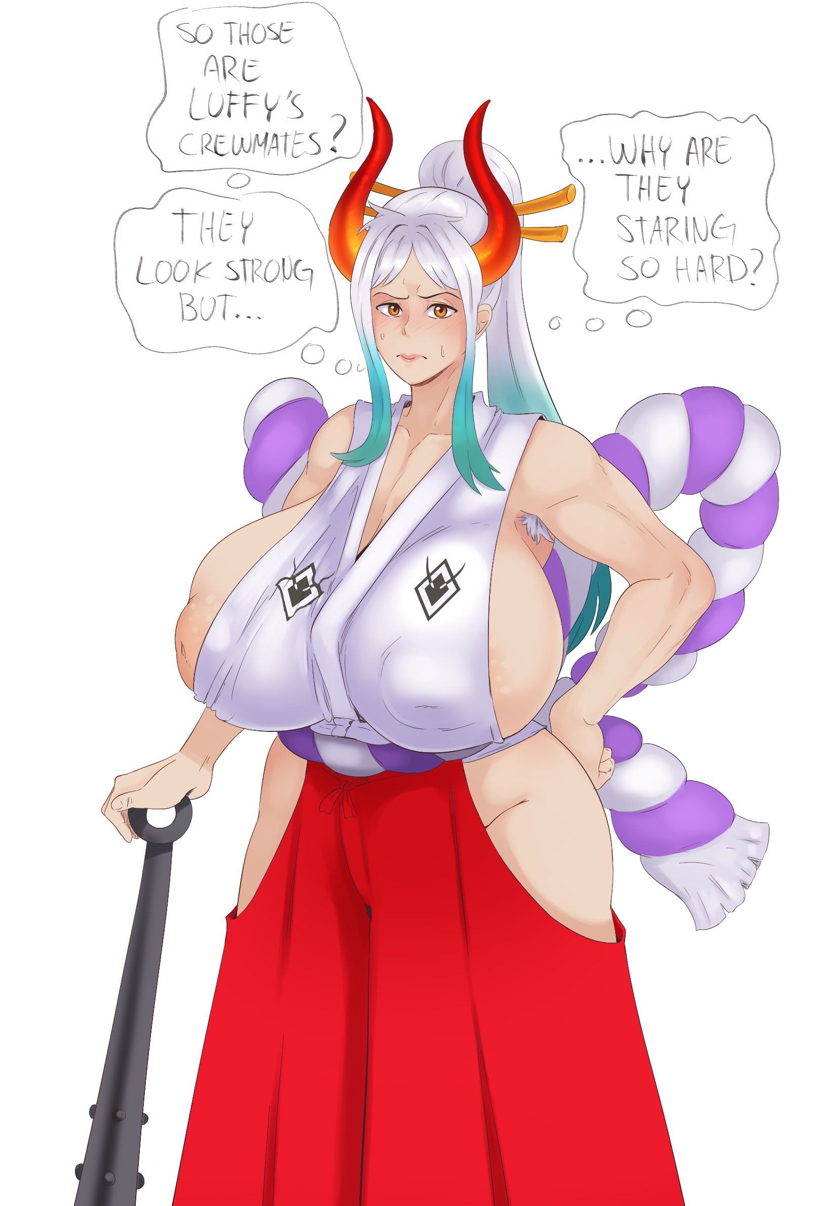 1girls, armpit hair, armpits, big breasts, blue hair, breasts, brown eyes, cleavage, clothed, clothing, curvy, demon, ear piercing, earrings, female, female focus, female only, gradient hair, hairy, hairy armpits, hakama, hi res, highres, hoop earrings, horned humanoid, horns, huge breasts, humanoid, kanabou, light skin, light-skinned female, long hair, looking at viewer, multicolored hair, one piece, oni, oni horns, revealing clothes, shounen jump, sideboob, simple background, solo, speech bubble, sunnysundown, text, two-tone hair, white hair, wide hips, yamato (one piece), youkai