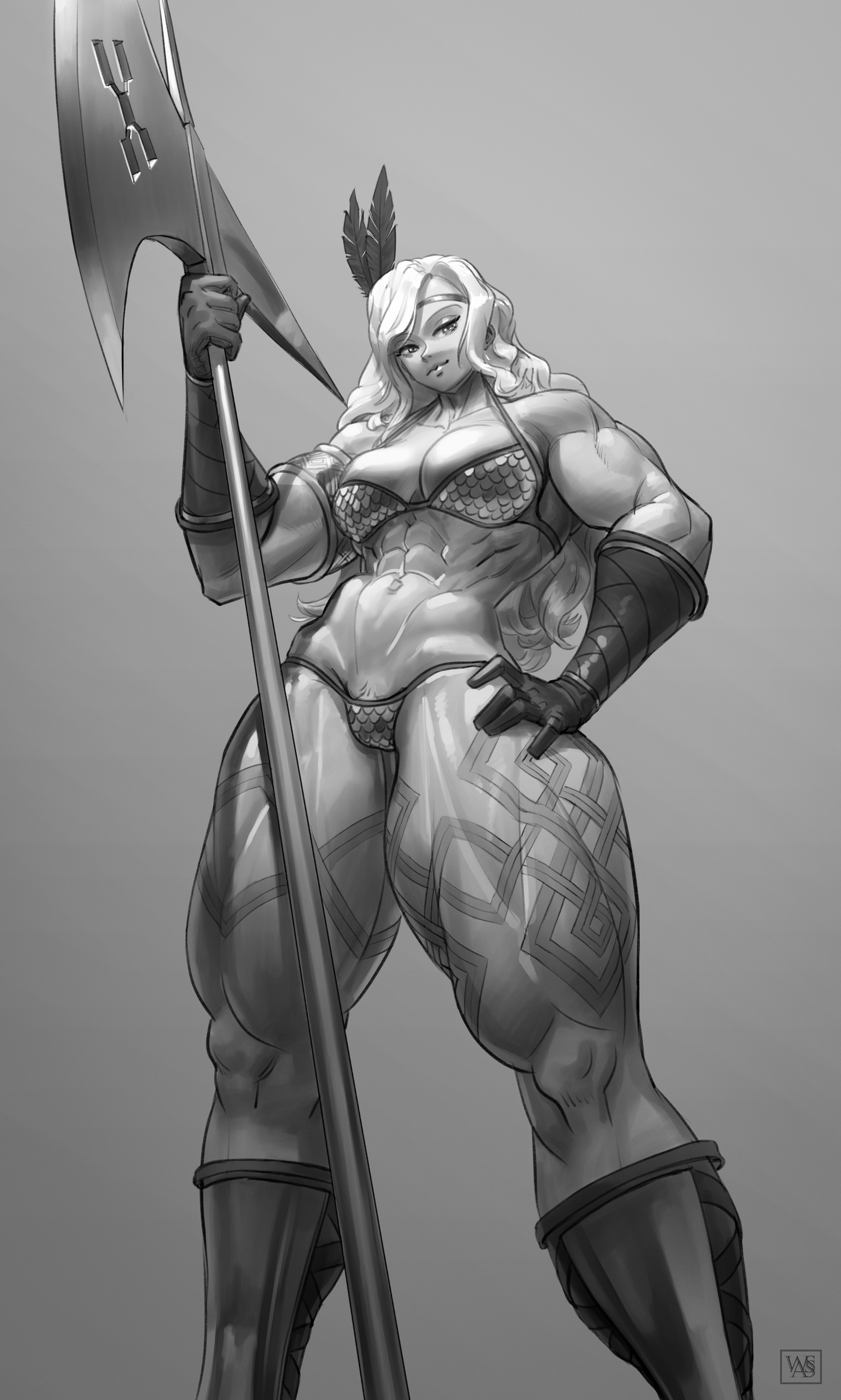 abs, amazon, amazon (dragon's crown), axe, bikini armor, breasts, chainmail bikini, cleavage, dragon's crown, female, gloves, large breasts, legs, long hair, looking at viewer, looking down, metal bikini, monochrome, muscles, muscular, muscular female, muscular thighs, pubic hair, pubic hair peek, solo, tattoo, thick thighs, thong, viewed from below, wassnonnam, weapon