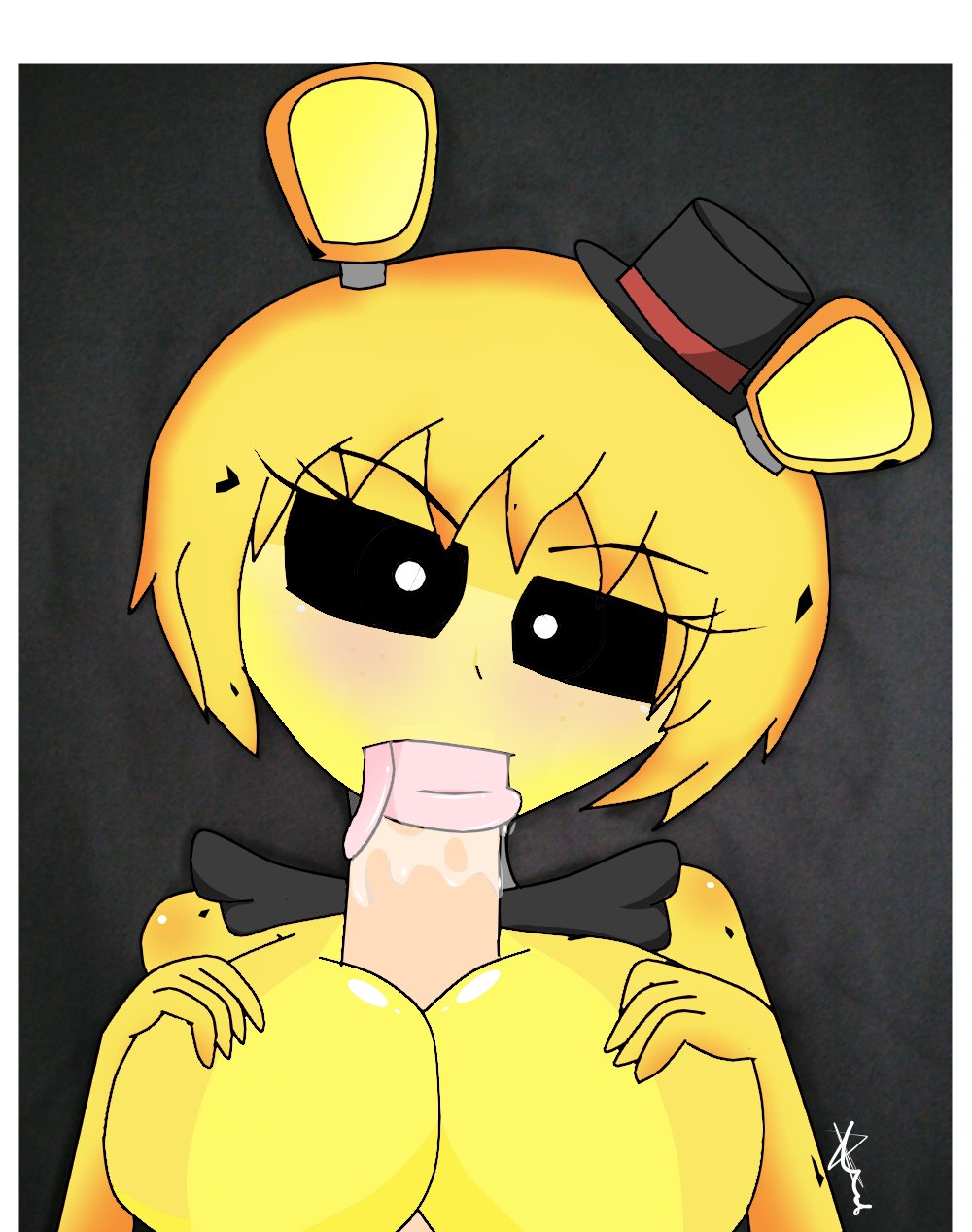 1boy 1girls animatronic big_breasts bite_of_87 blowjob breasts five_nights_at_freddy's five_nights_in_anime golden_freddy_(fnaf) licking_penis male_pov oral oral_sex paizuri pov pov_eye_contact rule_63 straight yellow_eyes yellow_hair yellow_skin