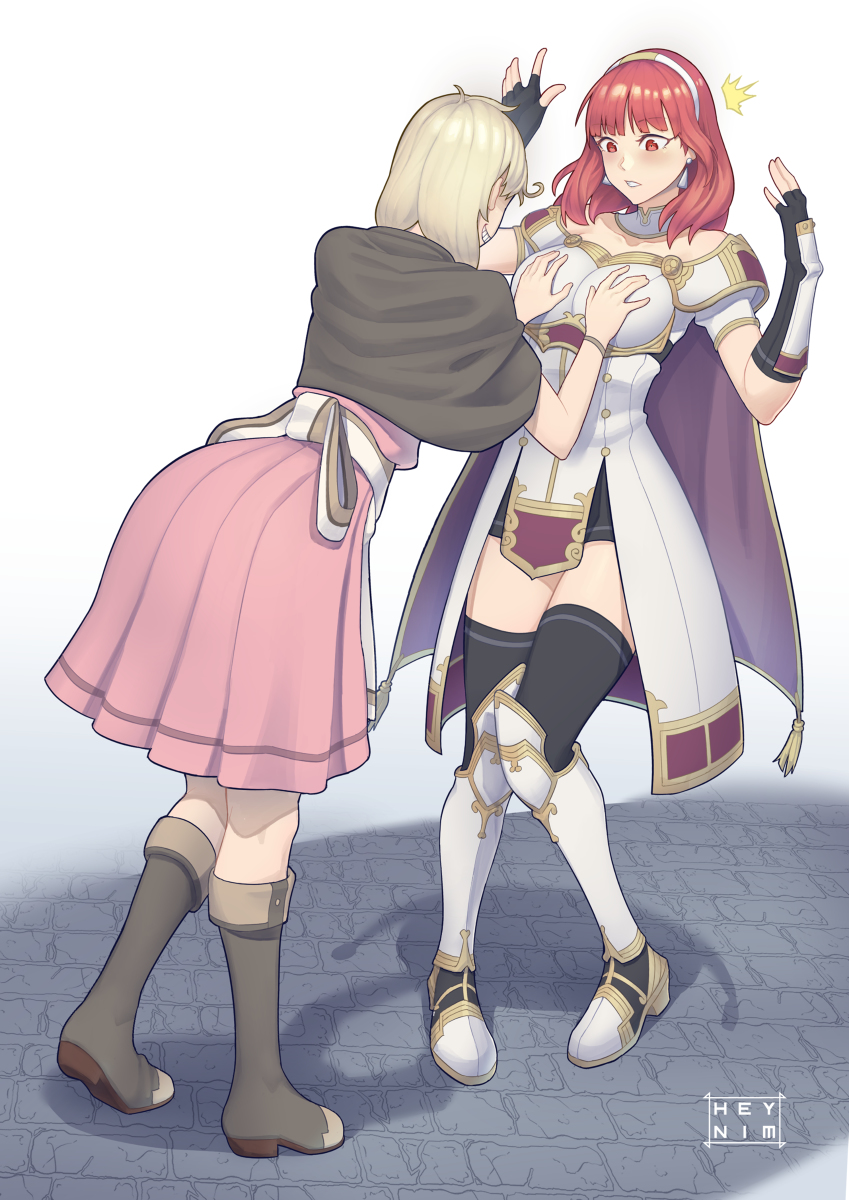 2girls armor blonde_hair blush breast_grab breasts celica_(fire_emblem) dress earrings eyebrows_visible_through_hair faye_(fire_emblem) fingerless_gloves fire_emblem fire_emblem_echoes:_shadows_of_valentia fully_clothed gloves grabbing groping heynim highres jewelry long_hair multiple_girls priestess princess red_eyes red_hair smile thighhighs thighs touching yuri