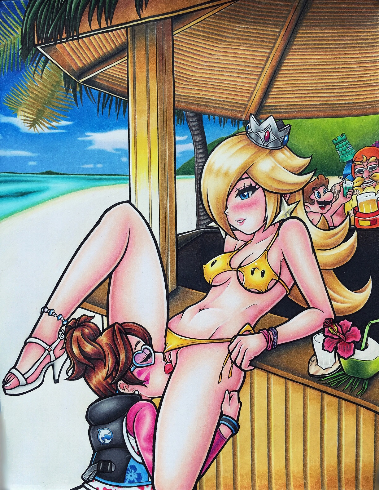 2boys, 2girls, alcohol, artist request, bar, beach, belly, bikini, blizzard entertainment, blonde hair, blue eyes, blush, brown hair, crossover, crown, cunnilingus, d.va, earrings, female, glasses, hana song, high heels, jewelry, licking pussy, long hair, male, mario, mario (series), nintendo, open toe shoes, oral, overwatch, princess rosalina, public, public sex, pussy, smile, swimsuit, waveracer d.va, yuri