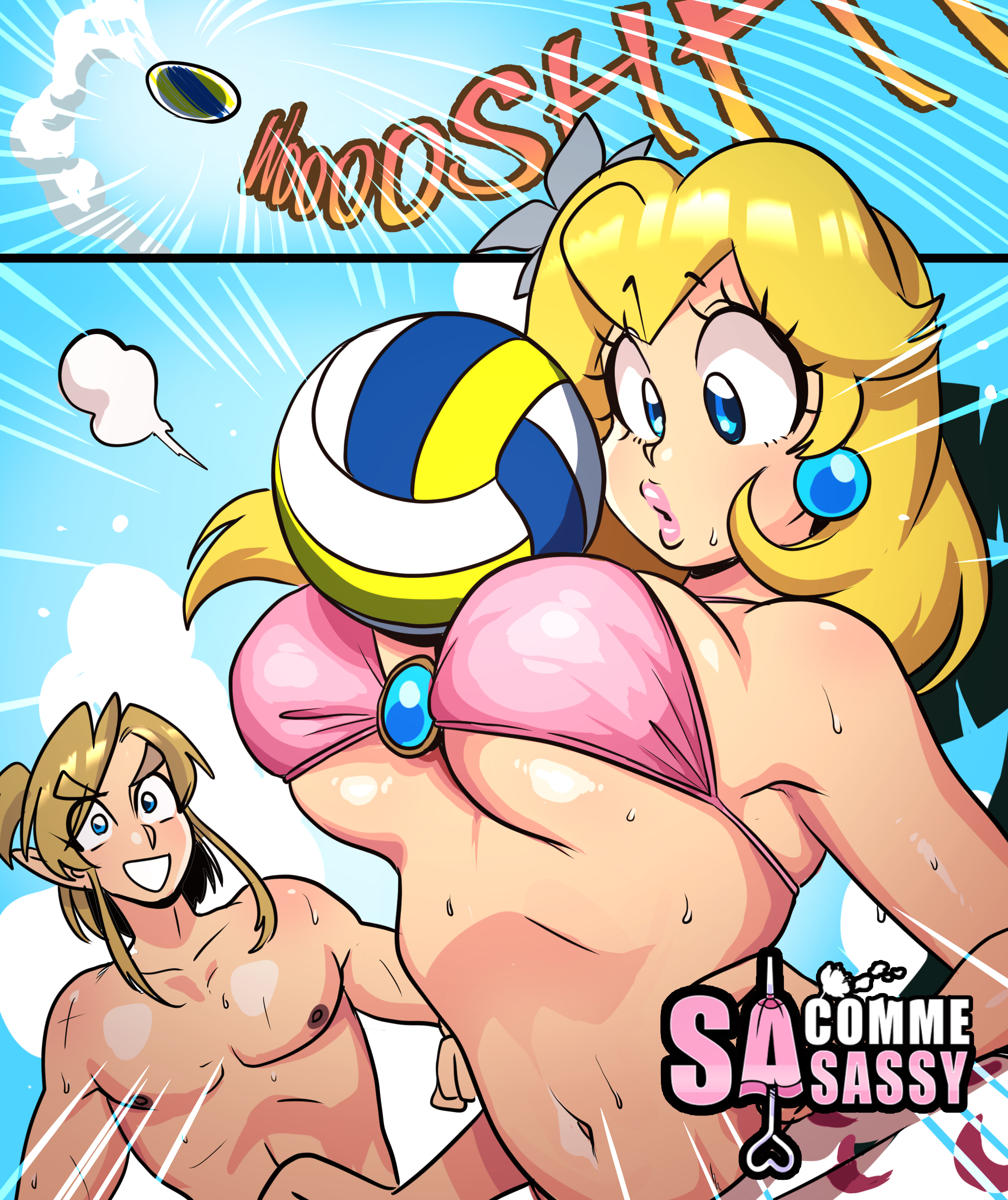 1boy, 1girls, alternate breast size, breasts, breath of the wild, cleavage, crossover, earrings, female, huge breasts, link, link (breath of the wild), male, mario (series), nintendo, princess peach, princess peach (swimwear), sasatseng, super mario odyssey, the legend of zelda, volleyball