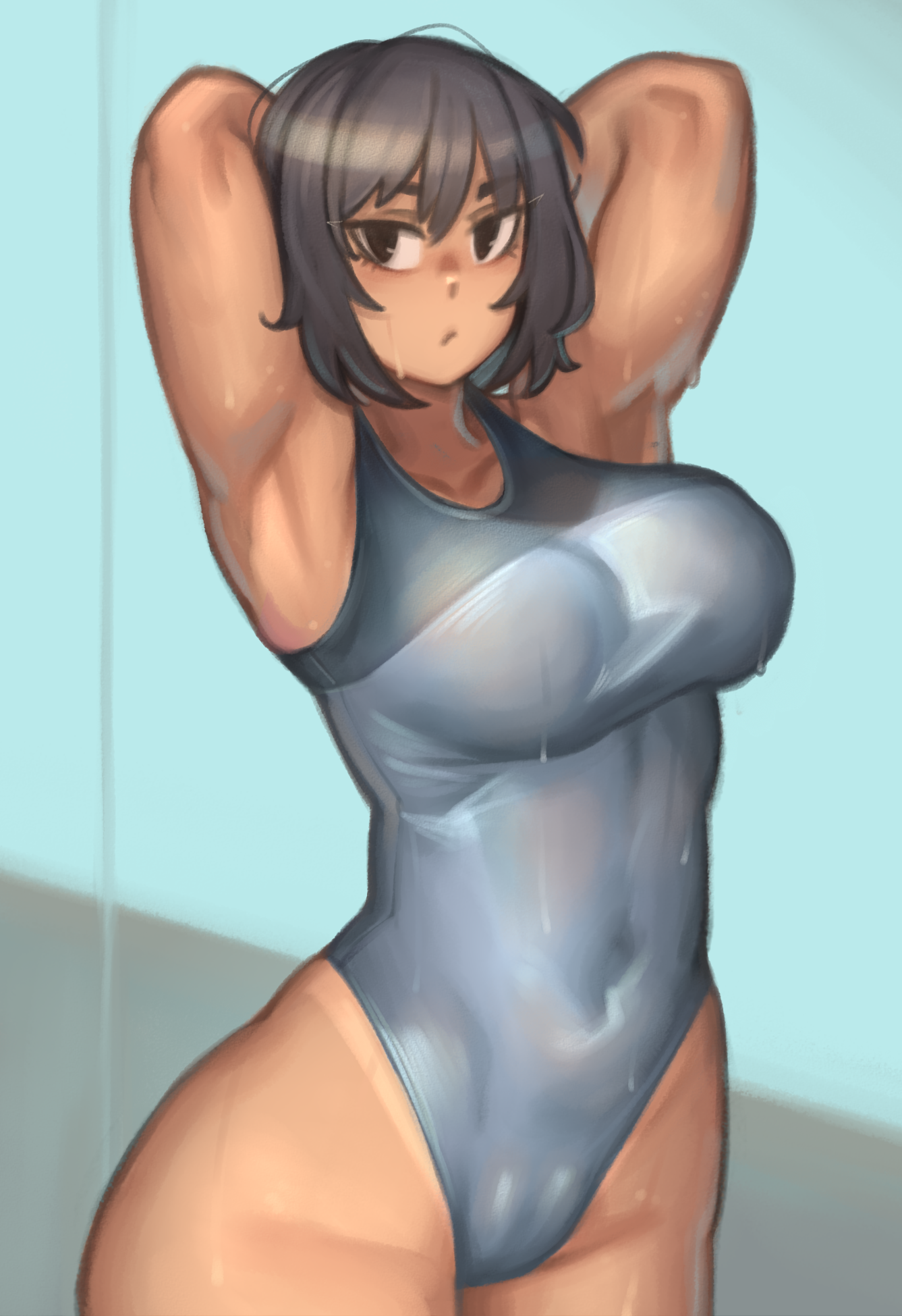 1girls, armpits, arms behind head, arms up, big breasts, breasts, curvy figure, eyebrows, female, hands behind head, kelvin hiu, large breasts, looking at viewer, one-piece swimsuit, original, short hair, solo, standing, swimsuit, thick thighs, thighs, wide hips