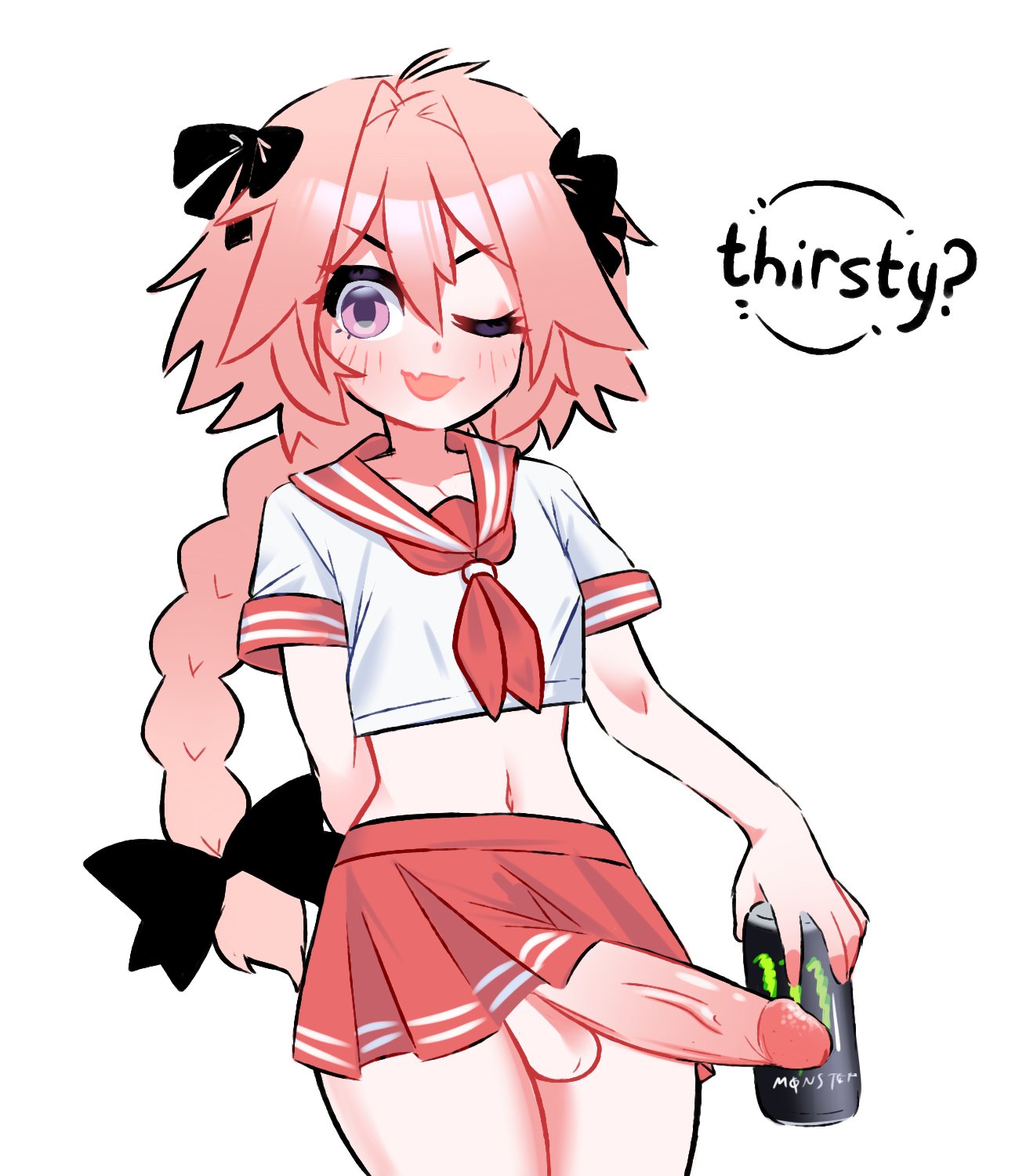 1boy astolfo_(fate) balls big_balls big_penis blush clothing comfypai dialogue_box english_text erection exposed_penis fate/grand_order fate_(series) femboy hair_ribbon huge_cock large_penis long_penis male male_only monster_energy monster_energy_drink no_panties pale_skin penis penis_out penis_peek pink_hair purple_eyes school_uniform skin_fang skirt standing testicles text thick_thighs trap uncensored veiny_penis white_skin wink winking