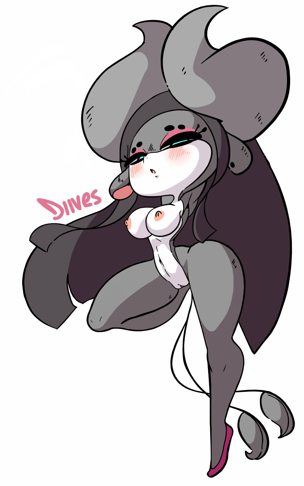 anthro, big breasts, black hair, blue eyes, bottomless, bovid, bovine, breasts, diives, edit, female, female only, footwear, furry, grey fur, horns, naked footwear, nipples, nude, open mouth, seductive, wuhuaguo (diives), xingzuo temple