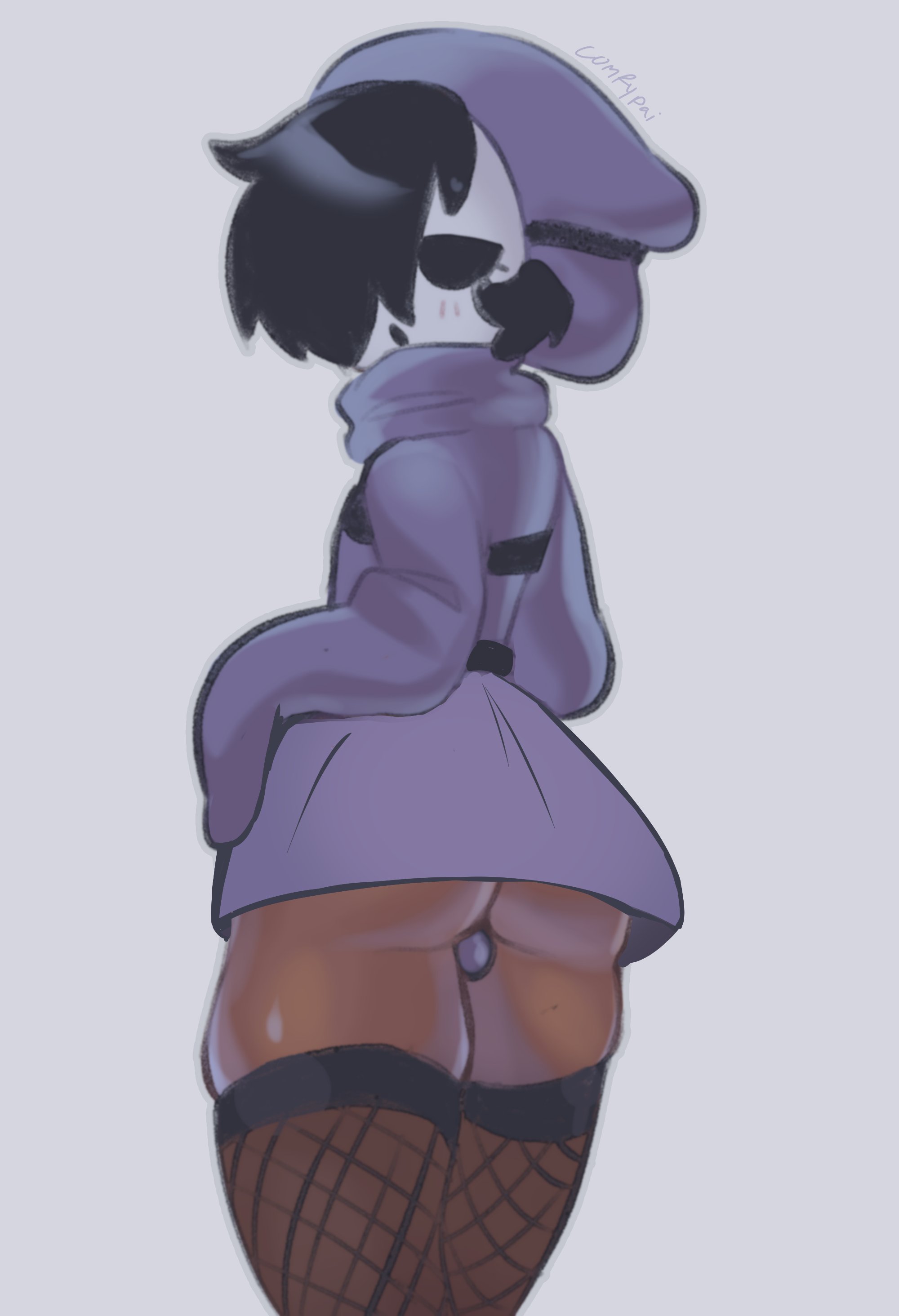 1boy, 1femboy, ass, ass focus, black hair, black skin, brown body, brown skin, comfypai, dark skin, dark-skinned femboy, dark-skinned male, gay, male, mario (series), panties, presenting ass, presenting butt, purple clothing, shy guy, slpydream, stockings