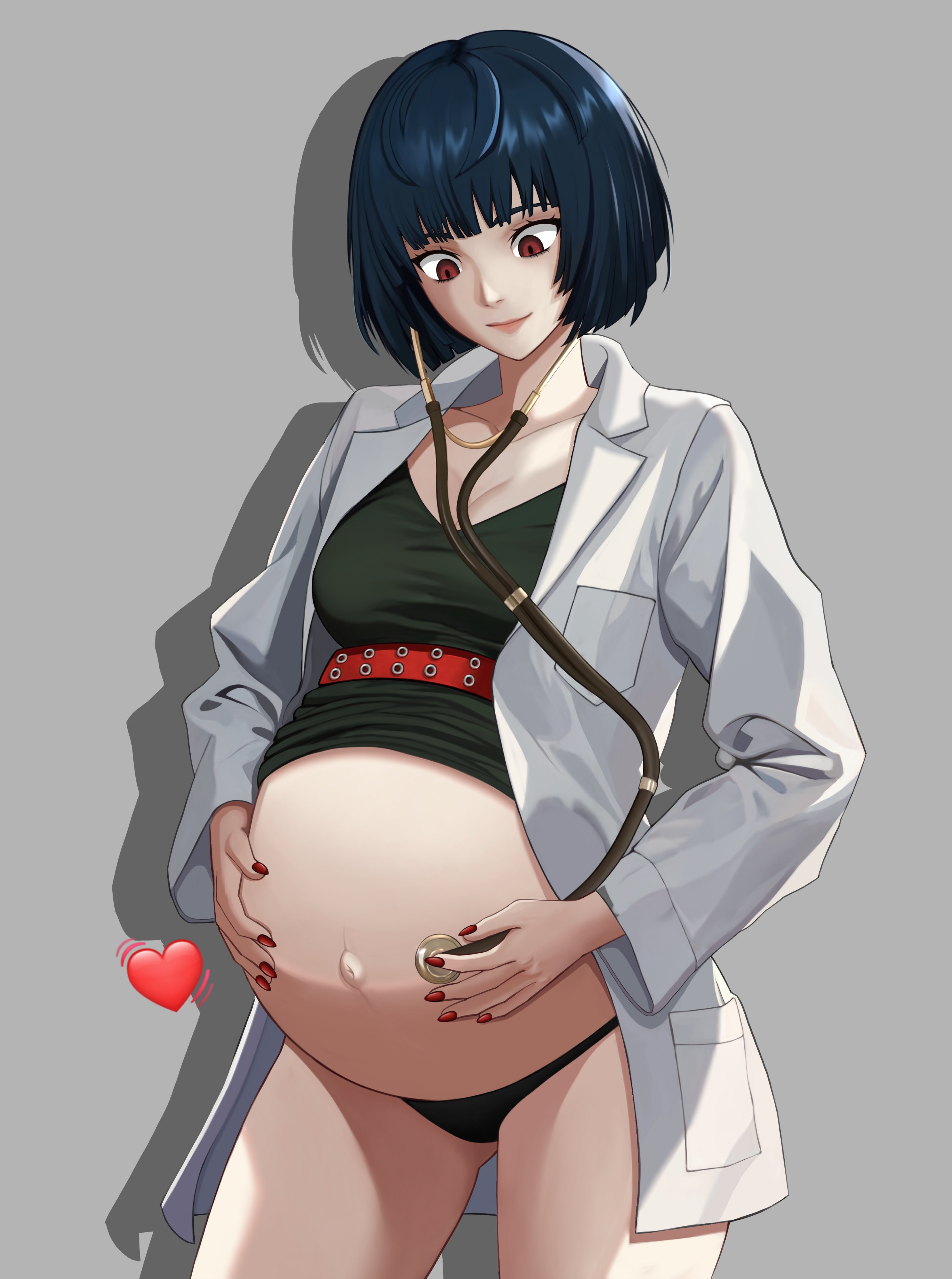 1girls, alternate version at source, arinokateku, atlus, big belly, blue hair, breasts, cleavage, doctor, female, looking down, medium breasts, older female, persona, persona 5, pregnant, ready to pop, sega, stethoscope, tae takemi