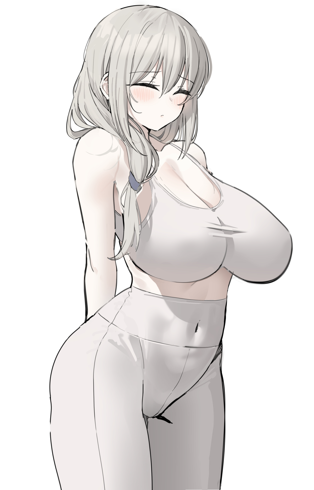 1girls, 2d, blush, breasts, cleavage, closed eyes, clothed, female, female only, huge breasts, k pring, long hair, ponytail, solo, thick thighs, thighs, thin arms, tight clothing, uzaki tsuki, uzaki-chan wa asobitai!, white background, white hair, white legwear, white skin, work in progress, workout clothes