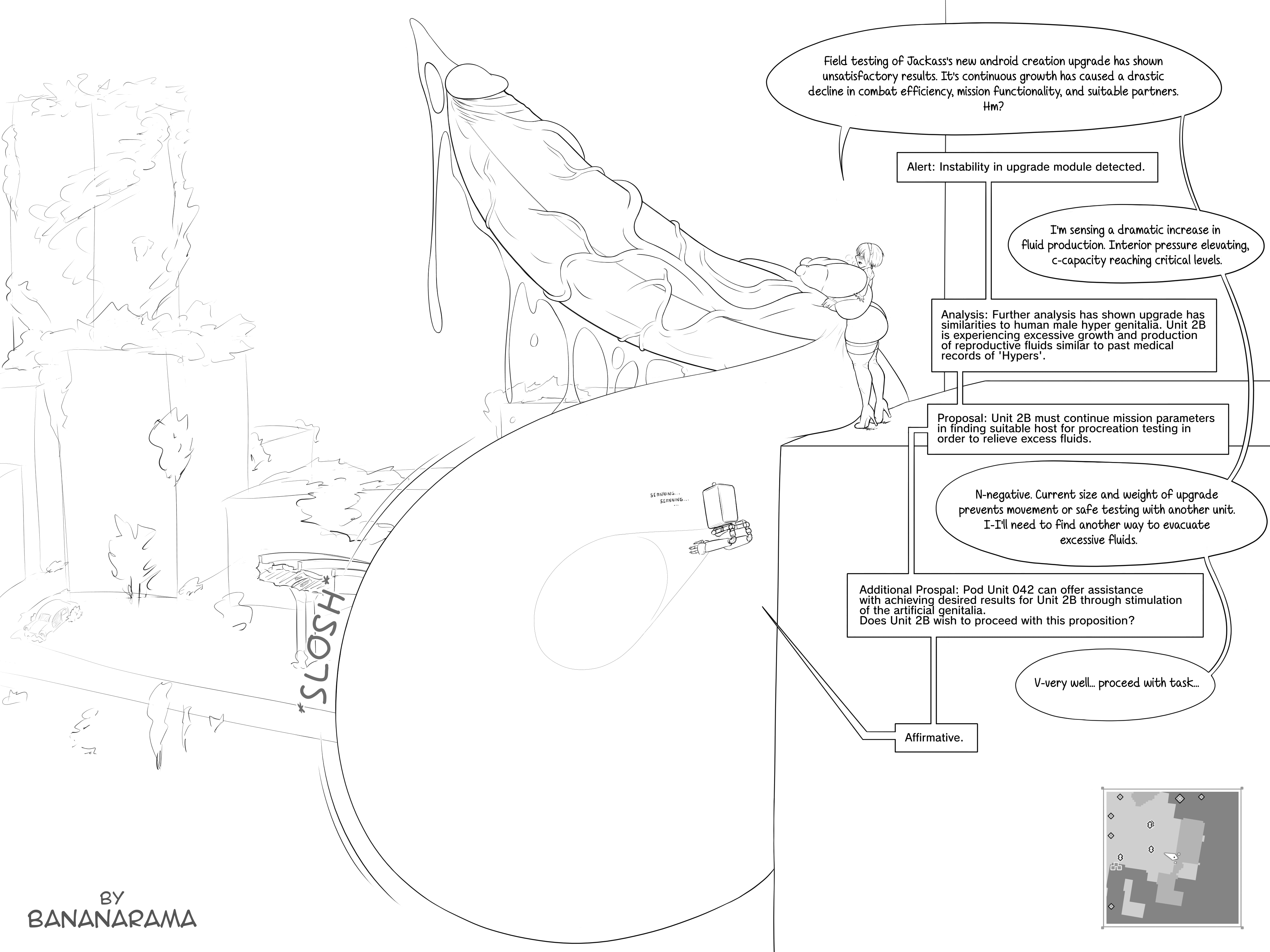 1futa, ass, balls, balls bigger than head, balls sound effects, bananarama (artist), breasts, cum, dialogue, erection, futa only, futanari, huge ass, huge balls, huge breasts, huge cock, human, hyper, hyper balls, hyper penis, intersex, nier: automata, nude, outdoors, outside, oversized balls, penis, penis bigger than body, pod (nier), precum, precum ejaculation, precum on penis, solo, standing, text, veiny penis, yorha 2b