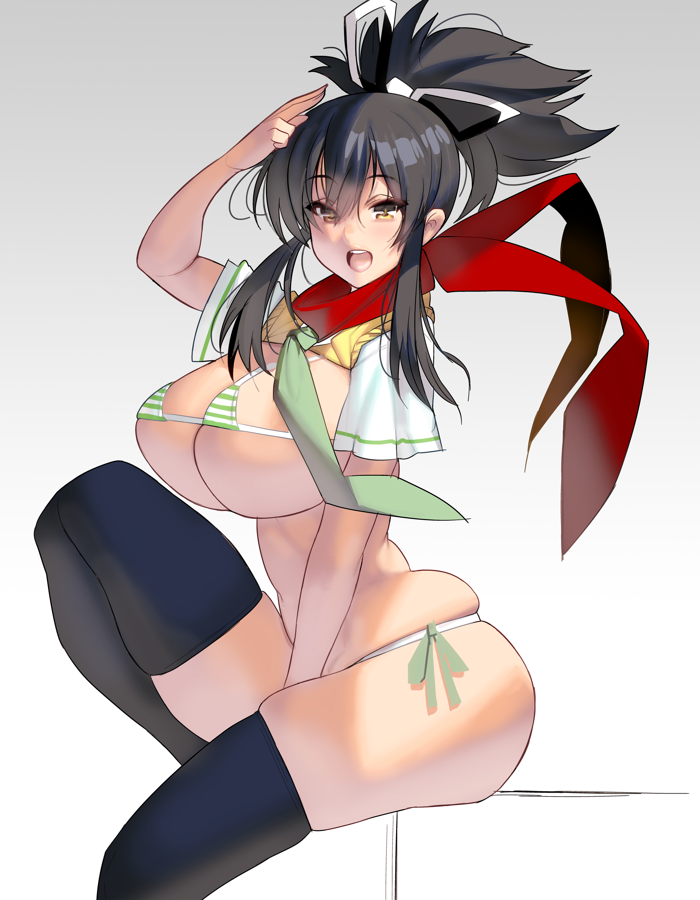 1girls, 2021, asuka (senran kagura), big breasts, black legwear, breasts, cleavage, covered nipples, curvy, eyebrows visible through hair, eyelashes, female, female focus, female only, gradient background, green bikini, green bikini top, huge breasts, legwear, looking at viewer, masao, micro bikini, micro bikini top, open mouth, plump, red scarf, scarf, senran kagura, sideboob, simple background, sitting, solo, solo female, solo focus, striped bikini, striped bikini top, thighs, yellow eyes