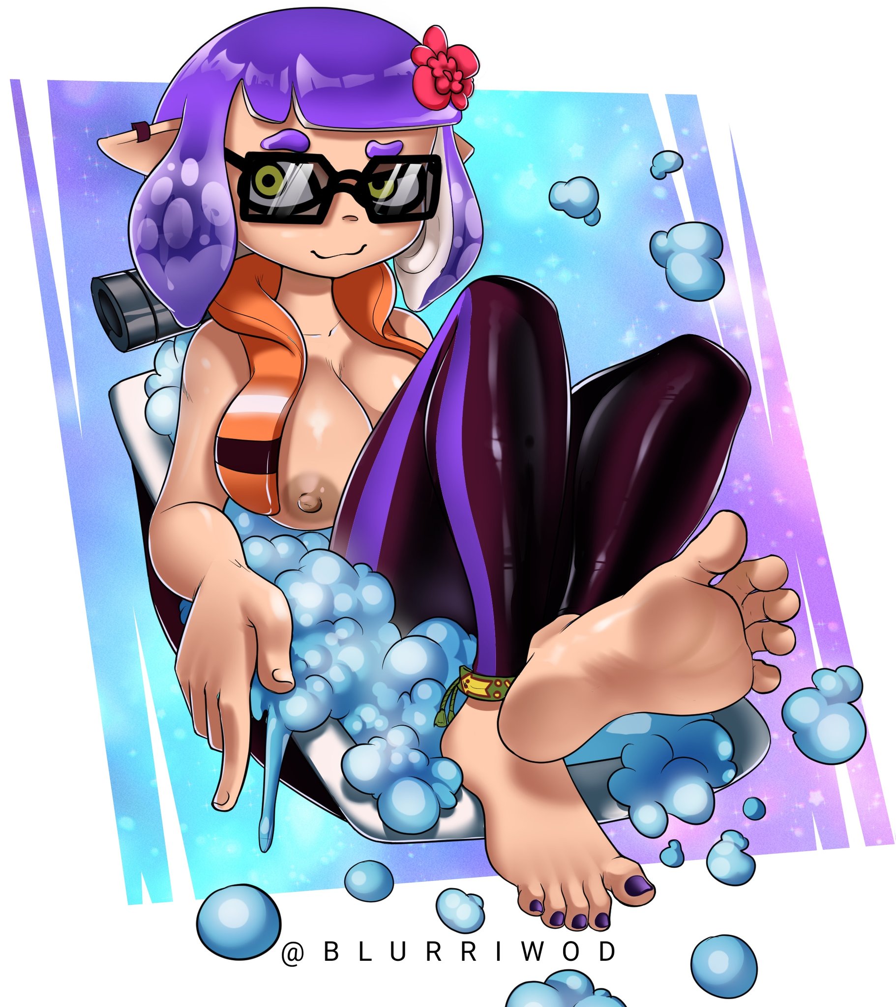 animal humanoid, anthro, blurriwod, breasts, cephalopod, cephalopod humanoid, feet, female, foot fetish, glasses, humanoid, inkling, inkling girl, life jacket, life vest, mask (marking), nintendo, nipples, pointy ears, pseudo hair, seipi (blurriwod), splatoon, splatoon (series), squid, tentacle, tentacle hair