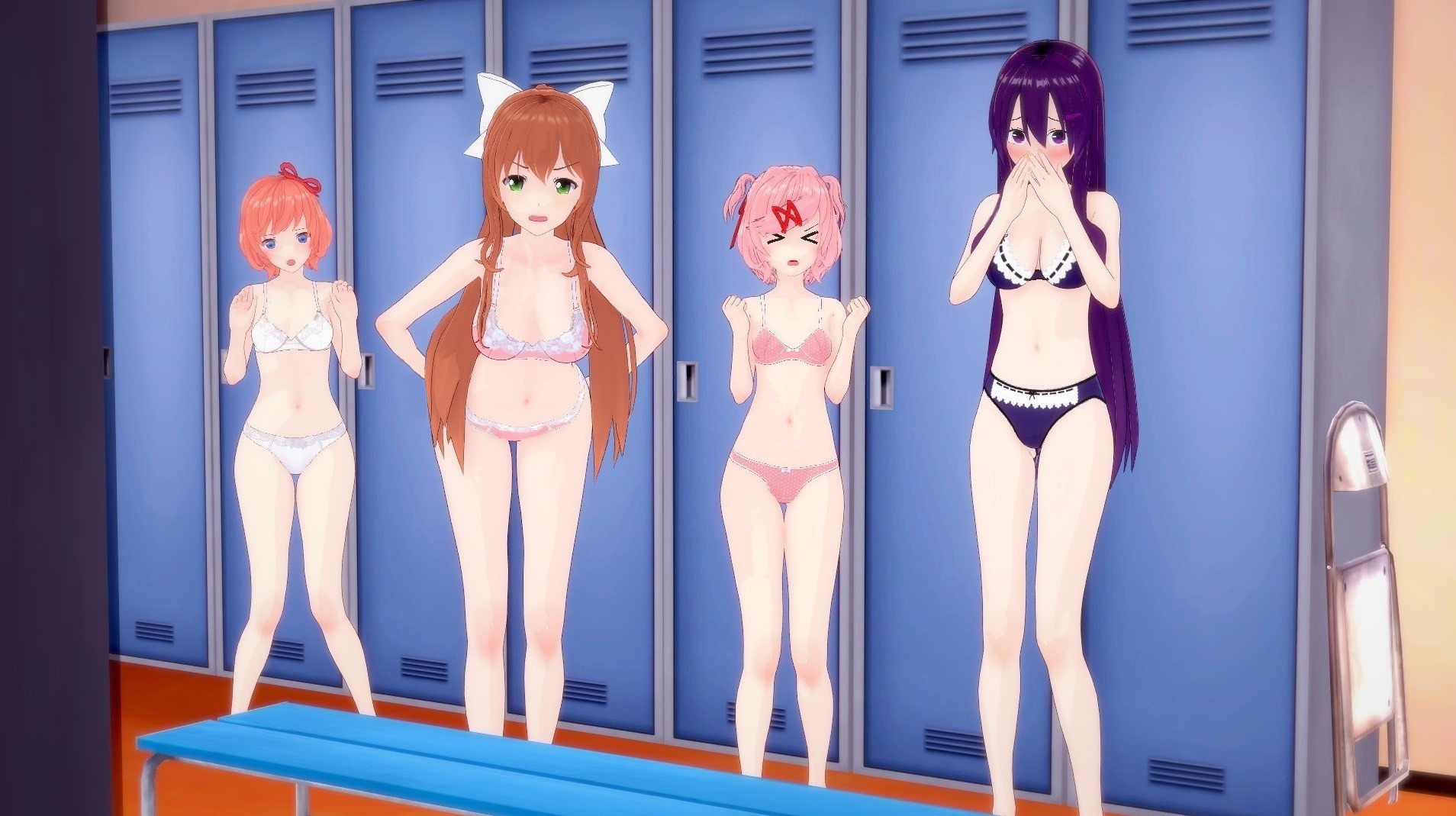 3d, 4girls, angry, blue eyes, blush, brown hair, changing room, doki doki literature club, female, female only, green eyes, koikatsu, looking at viewer, monika (doki doki literature club), multiple females, multiple girls, natsuki (doki doki literature club), orange hair, panties, pink hair, purple eyes, purple hair, sayori (doki doki literature club), tagme, underwear, voyeur, yuri (doki doki literature club)