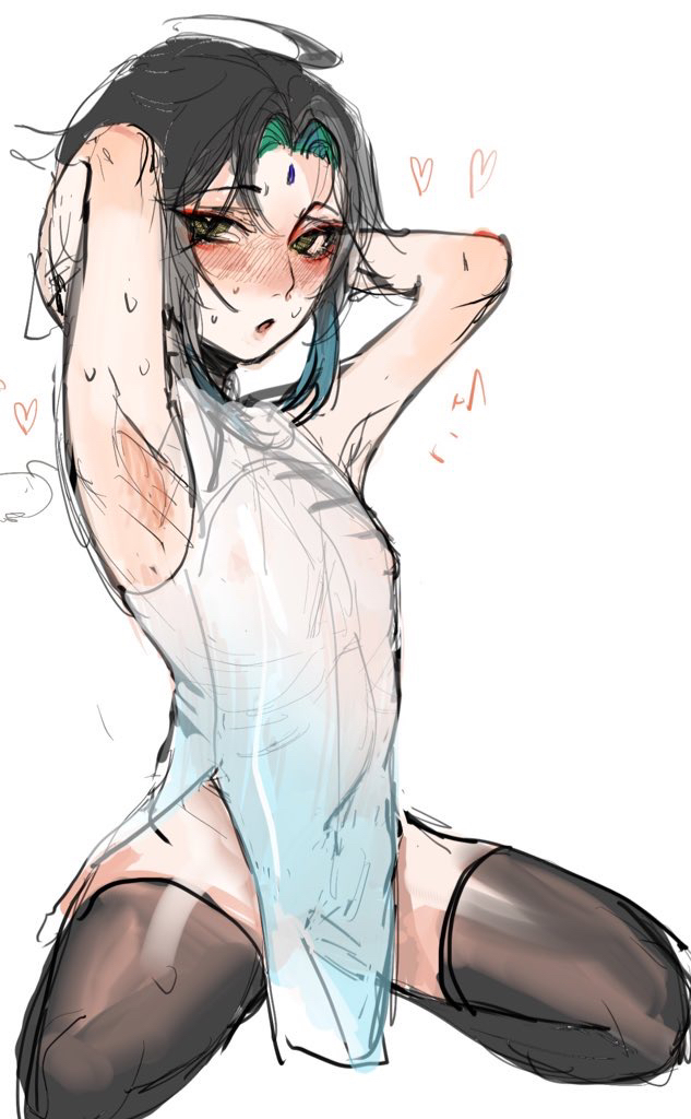 1boy, adult, armpits, blush, chinese clothes, dark hair, femboy, gay, genshin impact, heart, hk, male, multicolored hair, nipples, nipples visible through clothing, pinup, pose, solo, sweat, thighhighs, xiao (genshin impact), yaoi