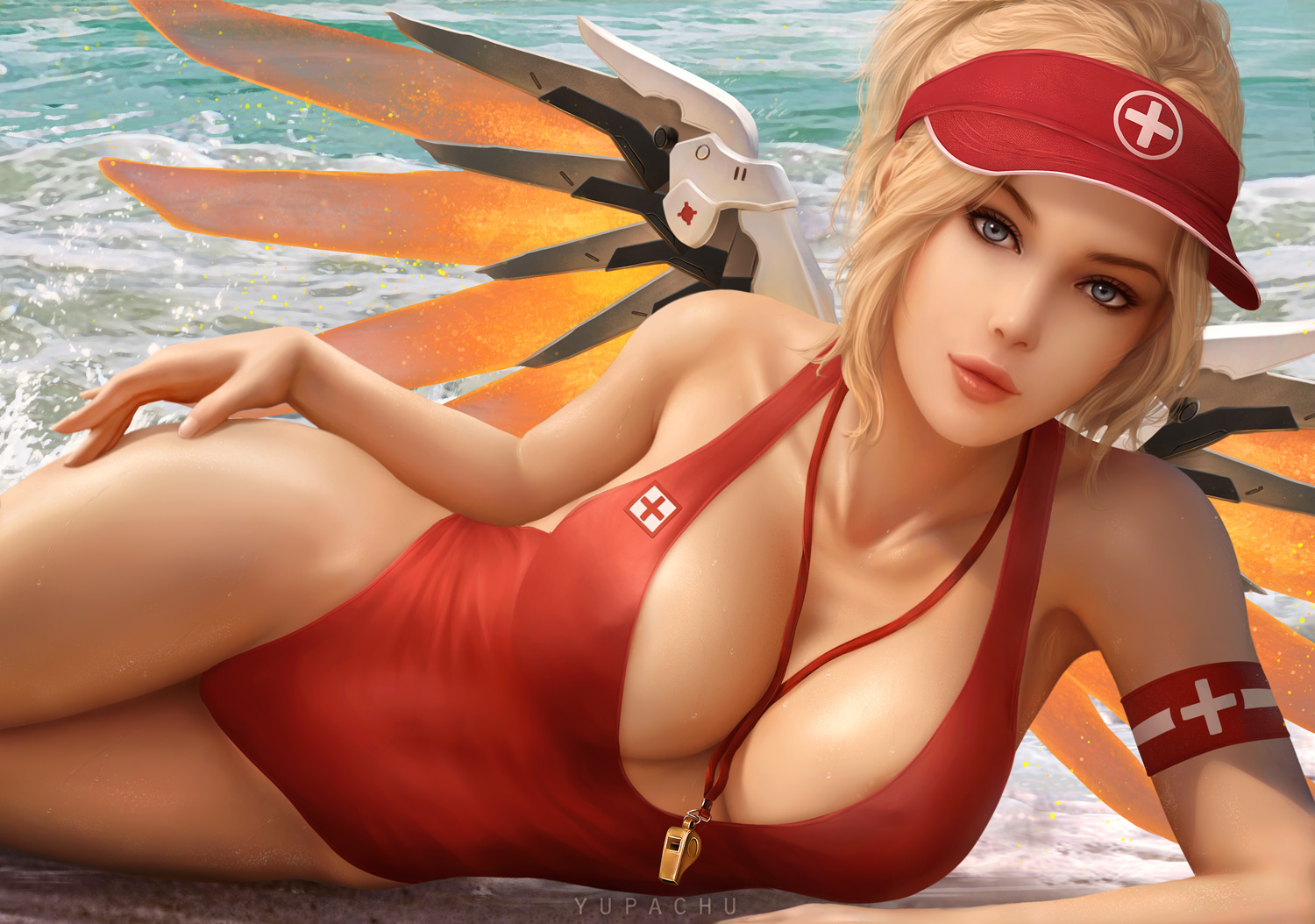 1girls, angela ziegler, beach, big breasts, blizzard entertainment, blonde hair, blue eyes, breasts, cleavage, female, female only, large breasts, lifeguard, light skin, light-skinned female, looking at viewer, mercy, one-piece swimsuit, overwatch, seductive, solo, whistle, wings, yupachu