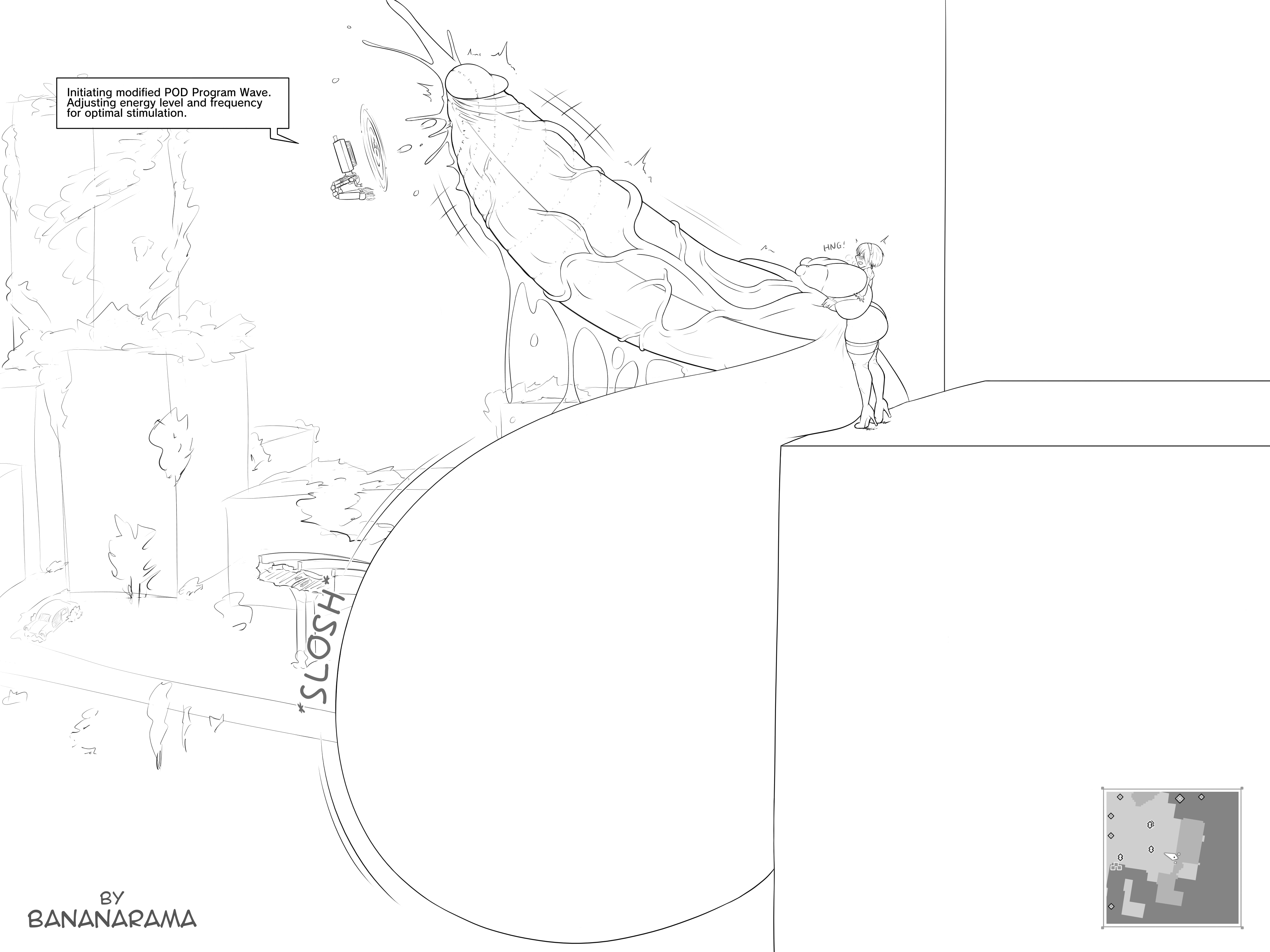 1futa, ass, balls, balls bigger than head, balls sound effects, bananarama (artist), black and white, breasts, cum, dialogue, ejaculation, erection, futa only, futanari, hands-free, handsfree ejaculation, huge ass, huge balls, huge breasts, huge cock, human, hyper, hyper balls, hyper penis, intersex, monochrome, nier: automata, nude, outdoors, outside, oversized balls, penis, penis bigger than body, pod (nier), solo, standing, text, veiny penis, yorha 2b