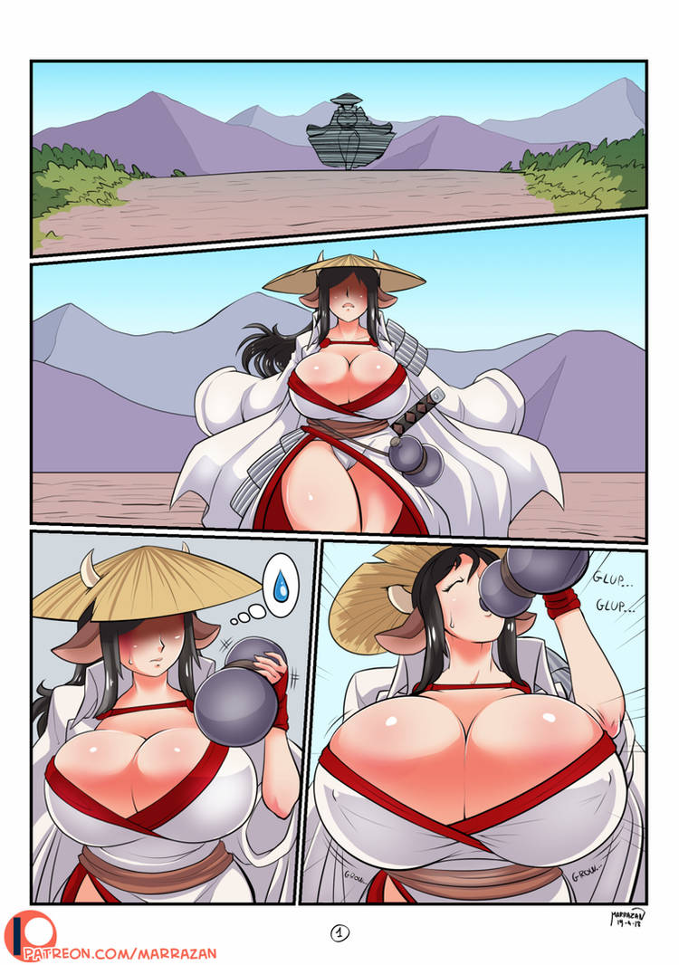 1girls breast_expansion breasts cleavage comic cow_girl female female_only huge_breasts lessien_(jtd) long_hair marrazan motion_lines nipple_bulge samurai_outfit solo solo_female