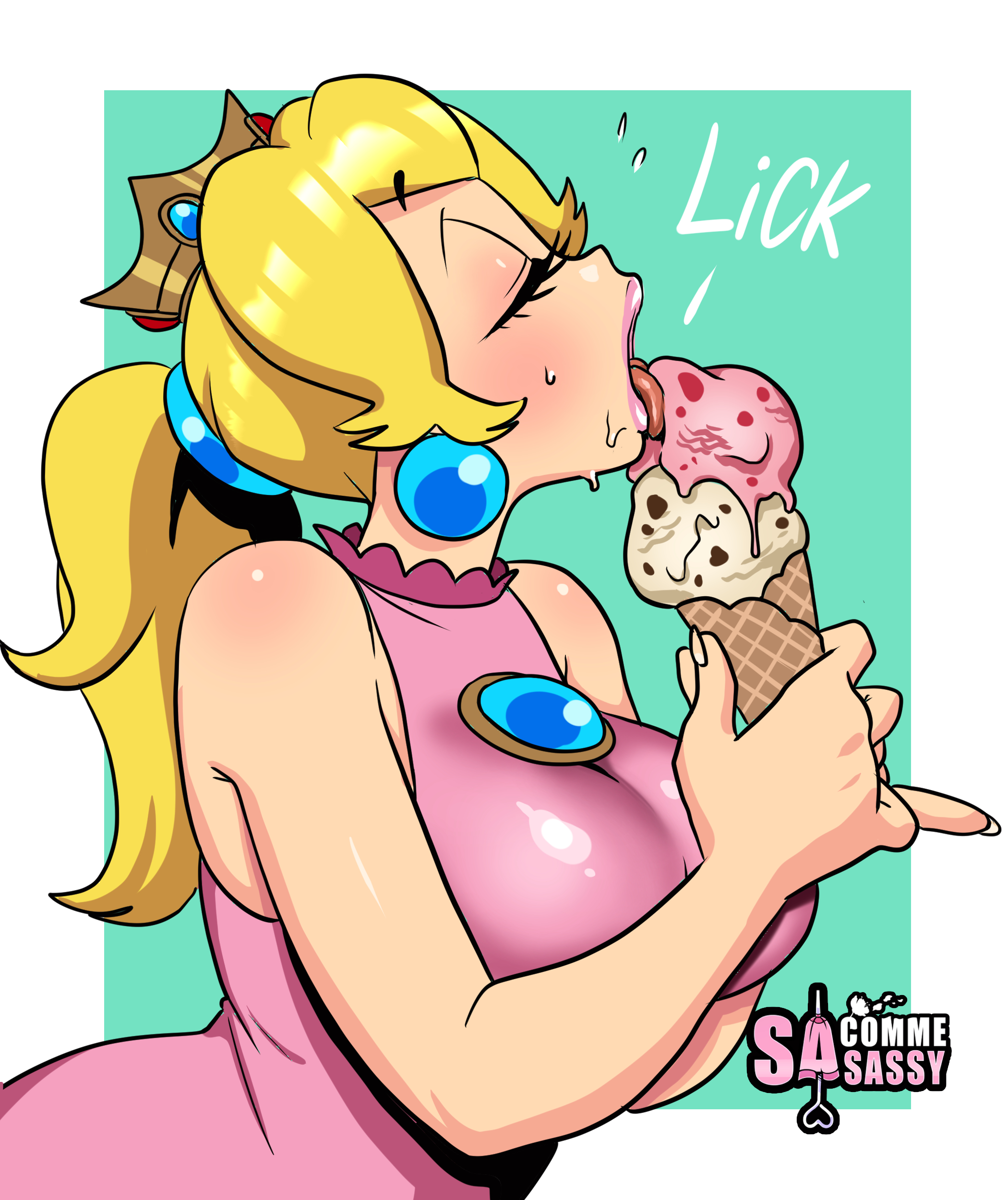 1girls, alternate breast size, blonde hair, blue eyes, breasts, clothing, dress, earrings, female, female only, food, green background, huge breasts, ice cream, licking, lipstick, makeup, mario (series), nintendo, pink dress, pink lipstick, ponytail, princess peach, sasatseng, sexually suggestive, simple background, sleeveless, sleeveless dress, sleeveless shirt, solo, solo female, tied hair, tight clothing, white border