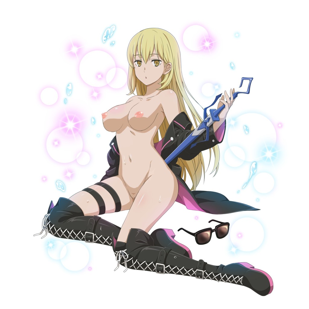 1girls, aiz wallenstein, armpits, artist request, bare shoulders, blonde hair, boots, breasts, dungeon ni deai wo motomeru no wa machigatteiru darou ka, eyewear removed, female, female only, long hair, looking at viewer, naked footwear, nude, open clothes, open mouth, presenting, pussy, sitting, solo, sunglasses, sunglasses removed, surprised, sweat, sword, tagme, uncensored, yellow eyes