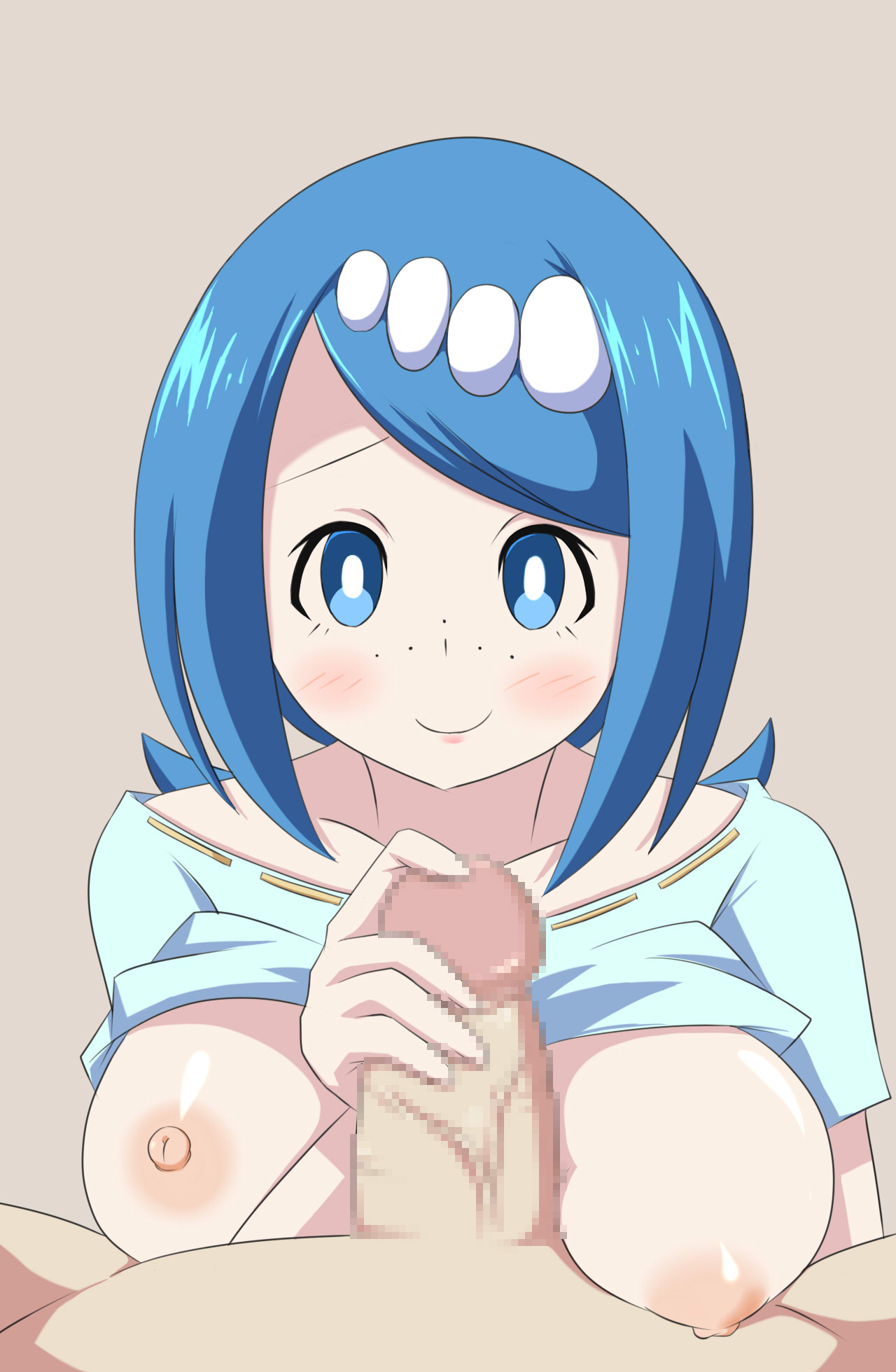 1boy, 1girls, 2021, alternate breast size, big breasts, blue eyes, blue hair, blush, breasts, censored, exposed breasts, eye contact, female, freckles, hair ornament, hand on penis, handjob, huge breasts, human, lana's mother (pokemon), large breasts, looking at viewer, male, mature, mature female, mob face, nintendo, penis, pokemon, pokemon sm, pov, pov eye contact, shimu, shirt, shirt lift, shirt up, simple background, smile, tied hair