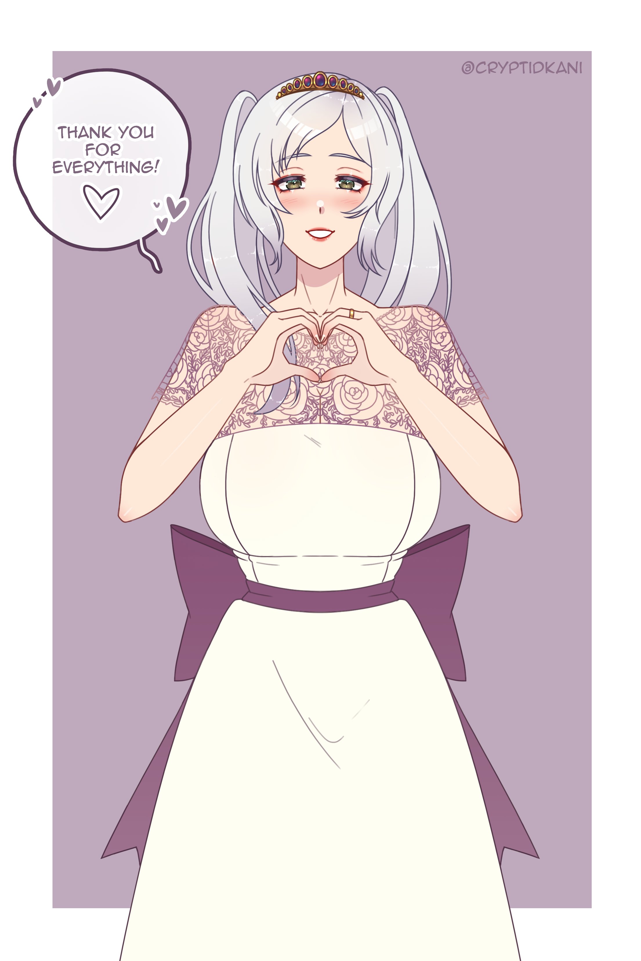 1girls, alternate costume, blush, breasts, bride, brown eyes, cleavage, crown, cryptid crab, english text, female, fire emblem, fire emblem awakening, gesture, grey hair, grin, heart hands, huge breasts, looking at viewer, medium hair, nintendo, olive eyes, ring, robin (fire emblem), robin (fire emblem) (female), see-through, smile, solo, solo female, text, wedding dress, wedding ring