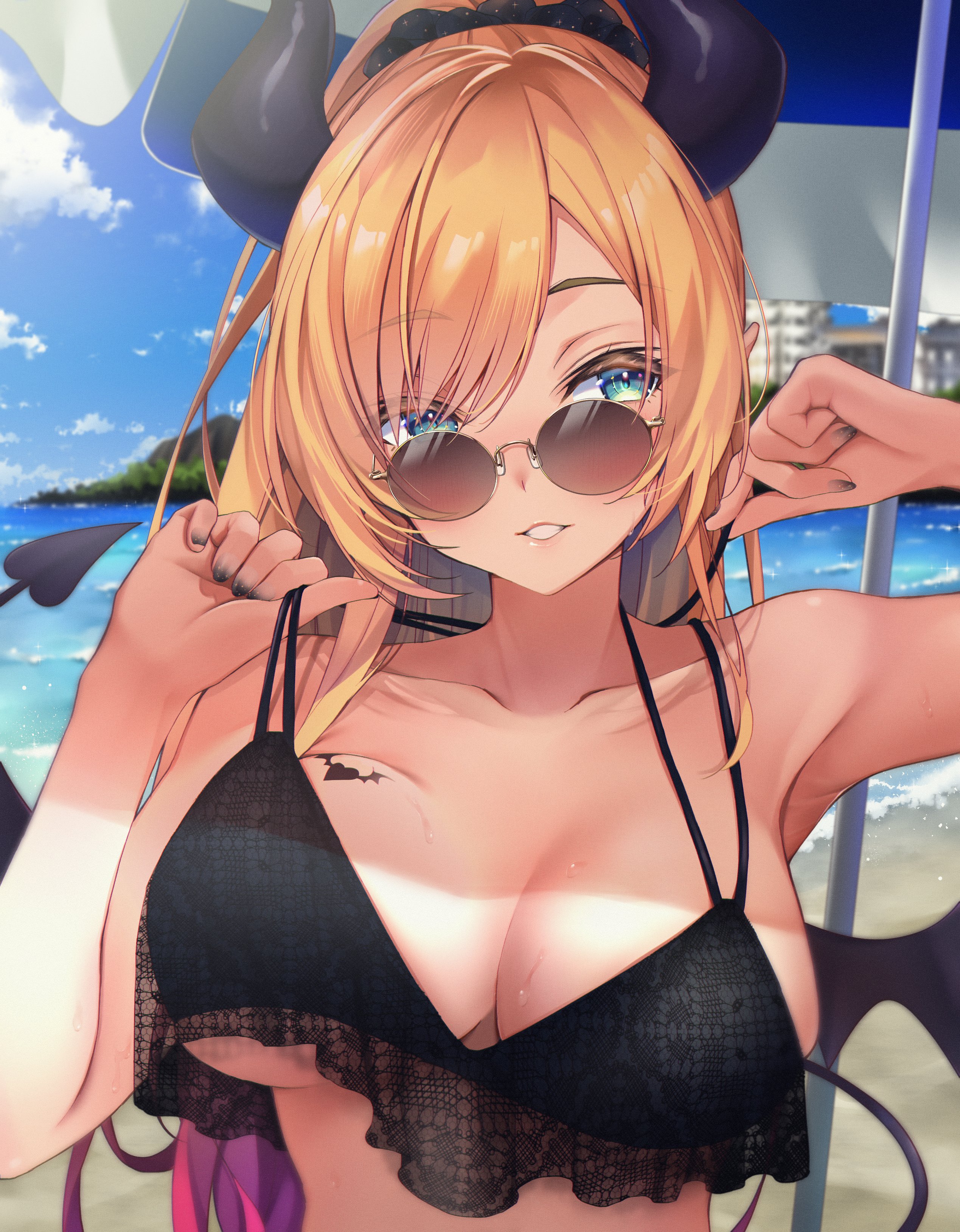 1girls, absurd res, bangs, beach, big breasts, bikini, bikini top, black bikini, black nails, black swimsuit, blonde hair, blue eyes, breasts, brown-tinted eyewear, cleavage, collarbone, demon, demon wings, eyewear, female, female focus, female only, heart tattoo, highres, hololive, hololive gen 2, hololive japan, horns, looking over eyewear, looking over glasses, looking over sunglasses, makinan, nail polish, seductive, seductive smile, succubus, succubus tail, sunglasses, tail, tinted eyewear, virtual youtuber, yuzuki choco