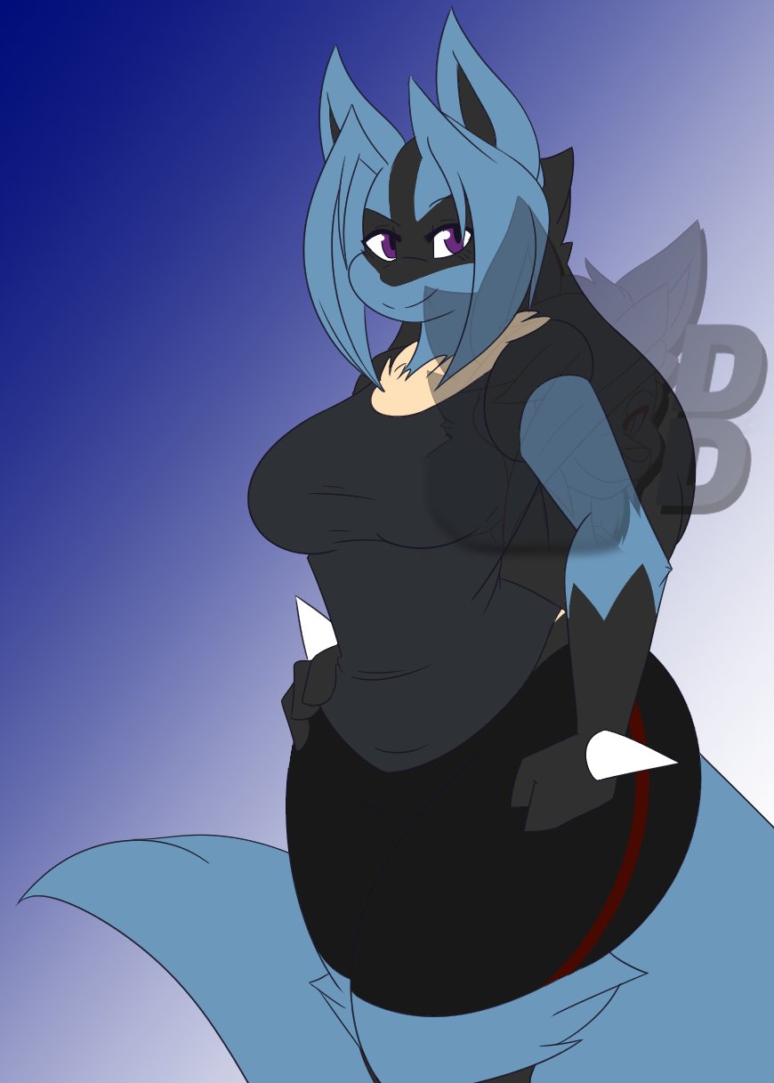 blue_background blue_theme breasts dewwydartz female furry game_freak gradient_background hand_on_hip hourglass_figure leggings lucario may_(dewwydartz) nintendo pokemon pokemon_(species) purple_eyes wide_hips