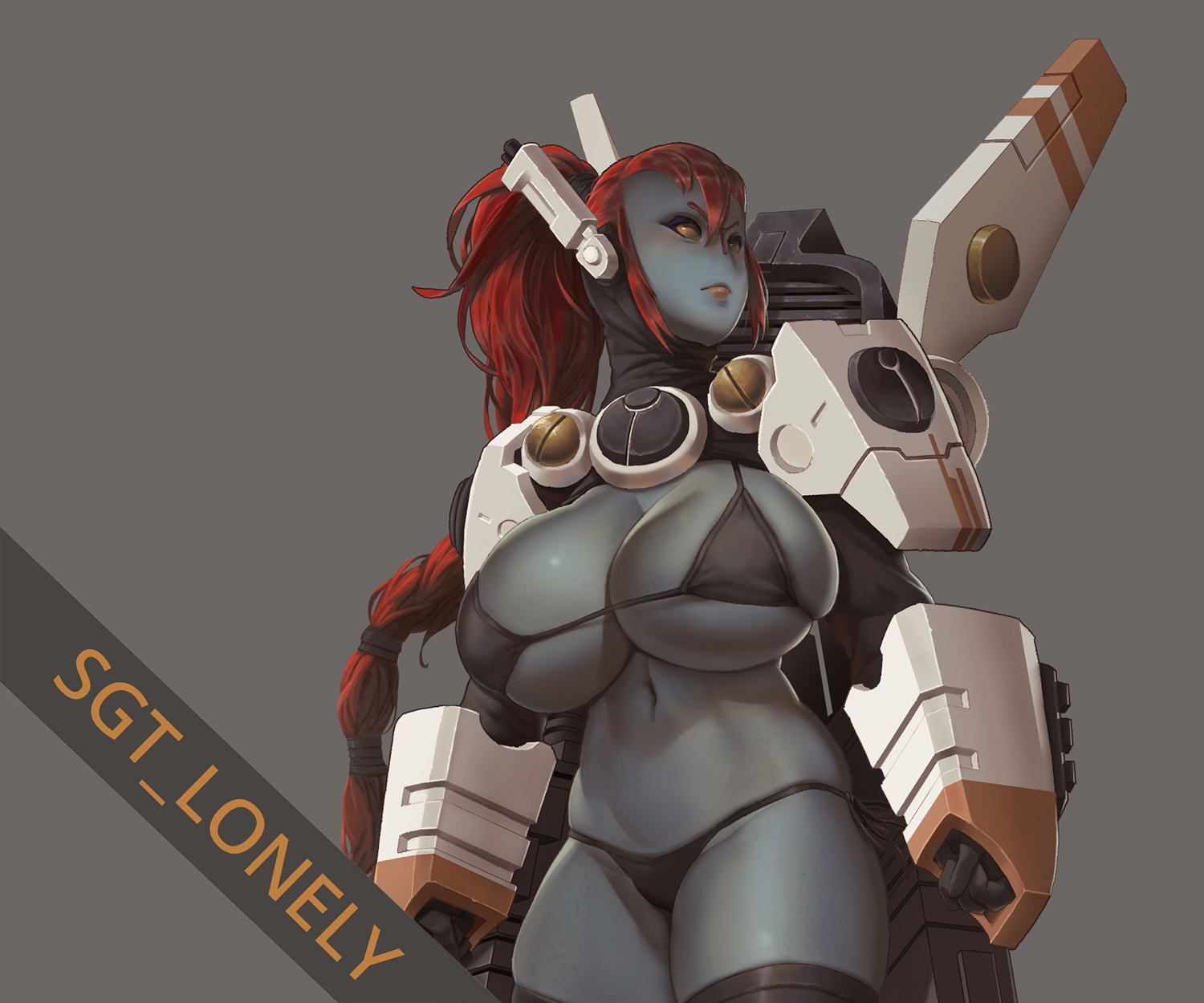 1girls, alien, alien girl, bikini, bikini bottom, bikini top, blue skin, breasts, commander shadowsun, cropped image, female, female focus, female only, fire warrior, huge breasts, large breasts, no nose, pinup, red hair, sgt lonely, solo, solo female, solo focus, tau, voluptuous, warhammer (franchise), warhammer 40k