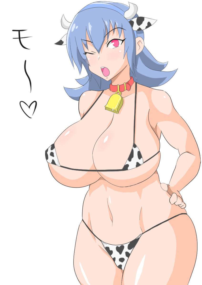 1girls, armpit, bell, bell collar, blue hair, breasts, cow bikini, cow girl, cow print, cowbell, dd (artist), female, female focus, female only, game freak, gym leader, hairband, lingerie, nintendo, one eye closed, pokemon, pokemon hgss, pokemon rgby, sabrina (pokemon hgss), sabrina (pokemon), thighs, voluptuous