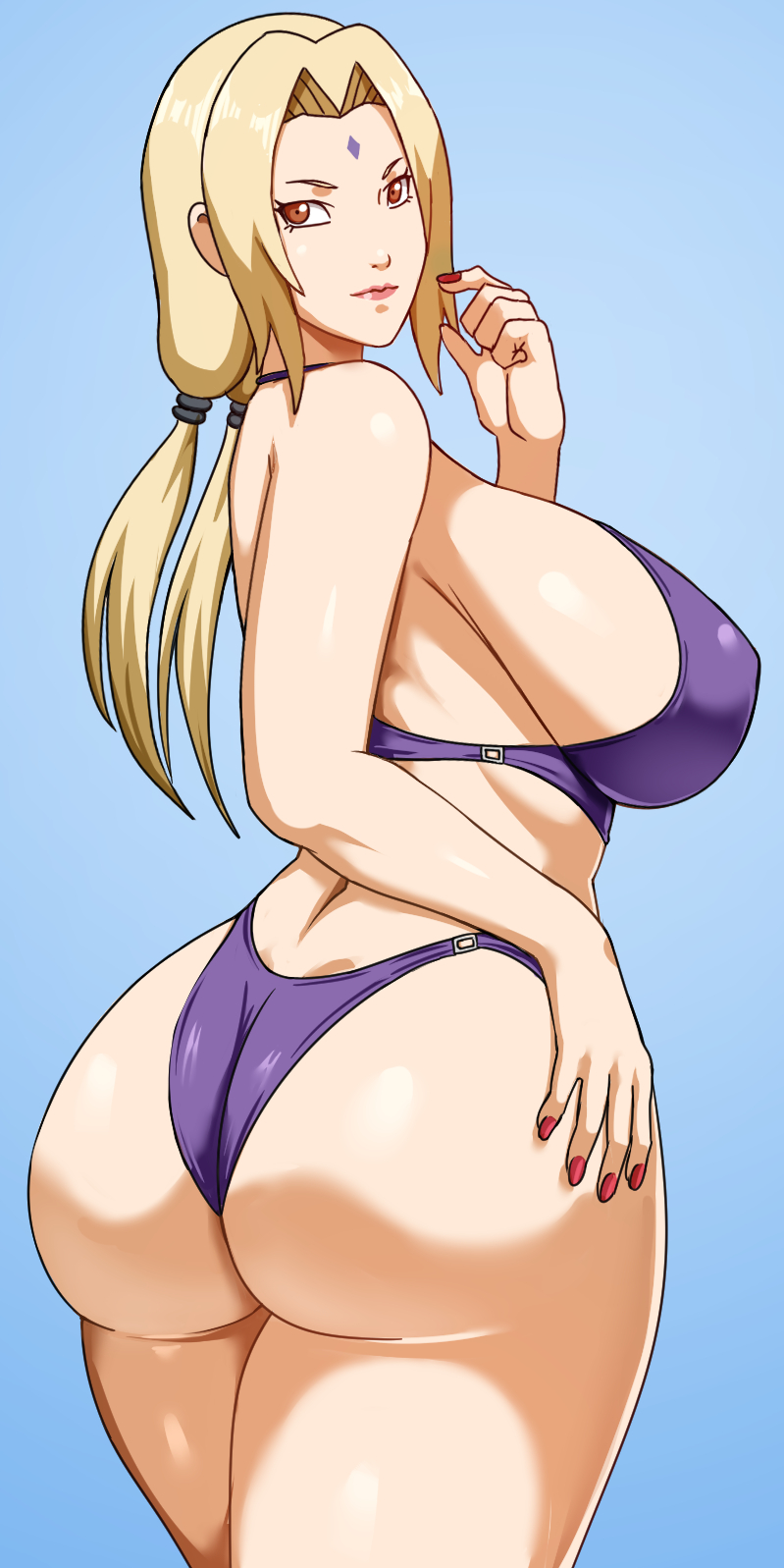 1girls, ass, big ass, big breasts, blonde hair, breasts, brown eyes, cleavage, clothed female, female, female only, from behind, huge ass, huge breasts, large breasts, long hair, mature, mature female, nail polish, naruto, naruto (series), naruto shippuden, one-piece swimsuit, pinkpawg, sideboob, smile, solo, solo focus, standing, swimsuit, tsunade, voluptuous