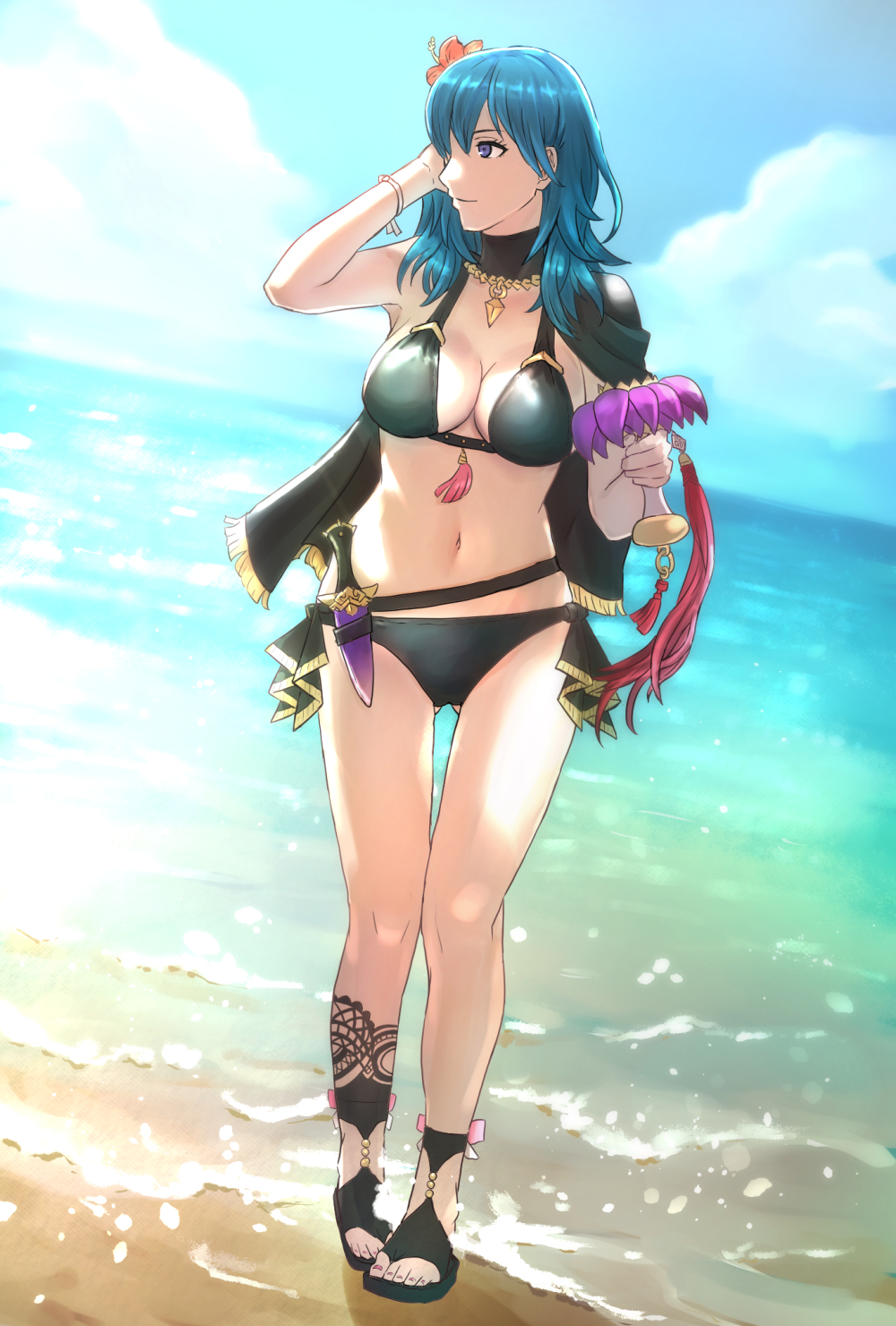 1girls alternate_costume armpits ass_visible_through_thighs asukan bangs beach belt bikini black_belt black_bikini black_capelet black_footwear black_swimsuit blue_eyes blue_hair blue_sky breasts byleth_(fire_emblem) byleth_(fire_emblem)_(female) byleth_(summer)_(fire_emblem)_(female) cape capelet cleavage closed_mouth cloud collarbone commentary_request dagger day english_commentary female female_only fire_emblem fire_emblem:_three_houses fire_emblem_heroes flower flower_in_hair full_body hair_between_eyes hair_flower hair_ornament hand_in_hair hand_up highres holding holding_weapon jewelry knife knife_sheath large_breasts lipstick long_hair looking_at_viewer looking_to_the_side medium_hair midriff mixed-language_commentary nail_polish navel necklace nintendo ocean outdoors outside profile red_nails ribbon sand sandals scabbard shadow sheathed sidelocks single_bare_shoulder sky smile solo standing swimsuit sword thigh_gap water weapon white_skin wrist_ribbon