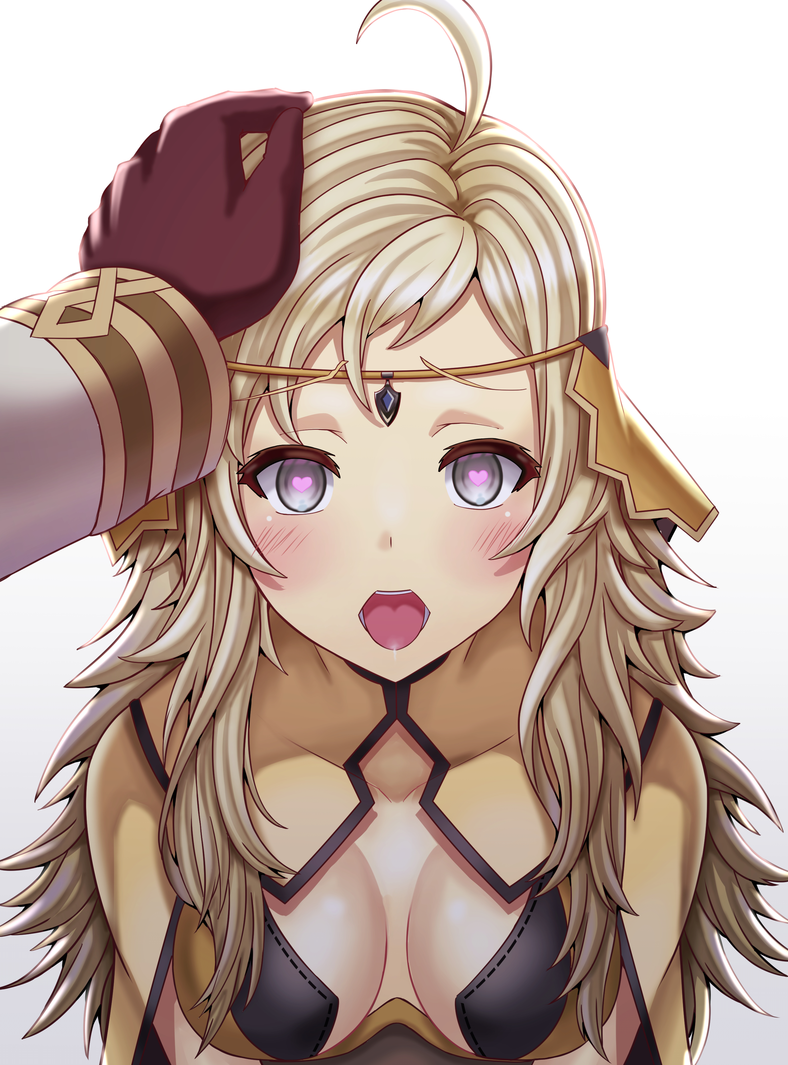 1boy, 1girls, absurdres, ahoge, bangs, blonde hair, breasts, circlet, commission, drooling, female, fire emblem, fire emblem fates, fire emblem heroes, gloves, grey eyes, head pat, heart, heart-shaped pupils, highres, kiran (fire emblem), kiran (fire emblem) (male), long hair, looking at viewer, male, male hand, medium breasts, nintendo, open mouth, ophelia (fire emblem), pov, pov eye contact, saikunartworks, straight, symbol-shaped pupils