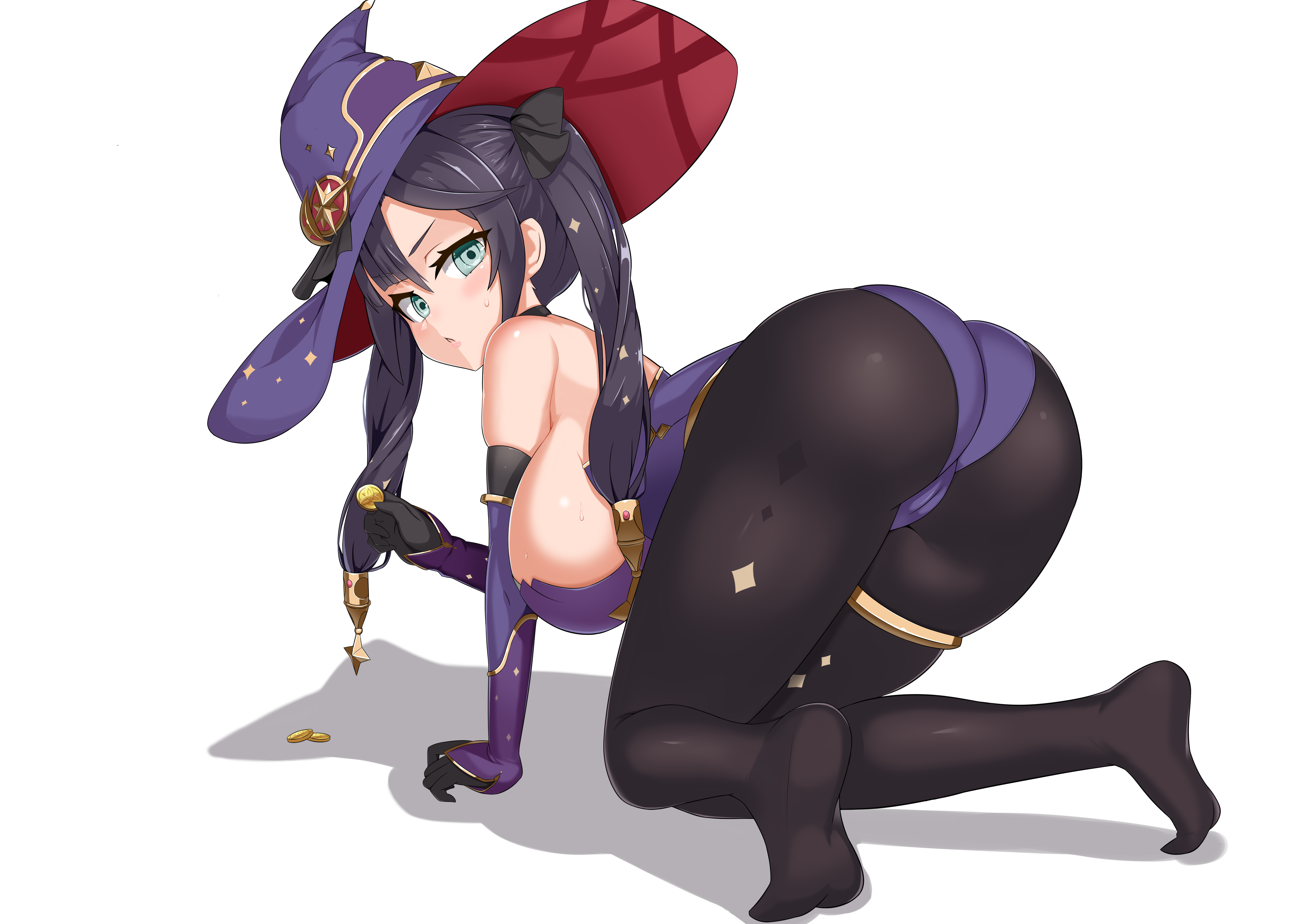 1girls, absurd res, all fours, alternate breast size, ass, bent over, big ass, big butt, breasts, coin, female, female only, genshin impact, hi res, huge ass, huge breasts, looking at viewer, mona (genshin impact), money, no shoes, pantyhose, twintails, wide hips, witch hat