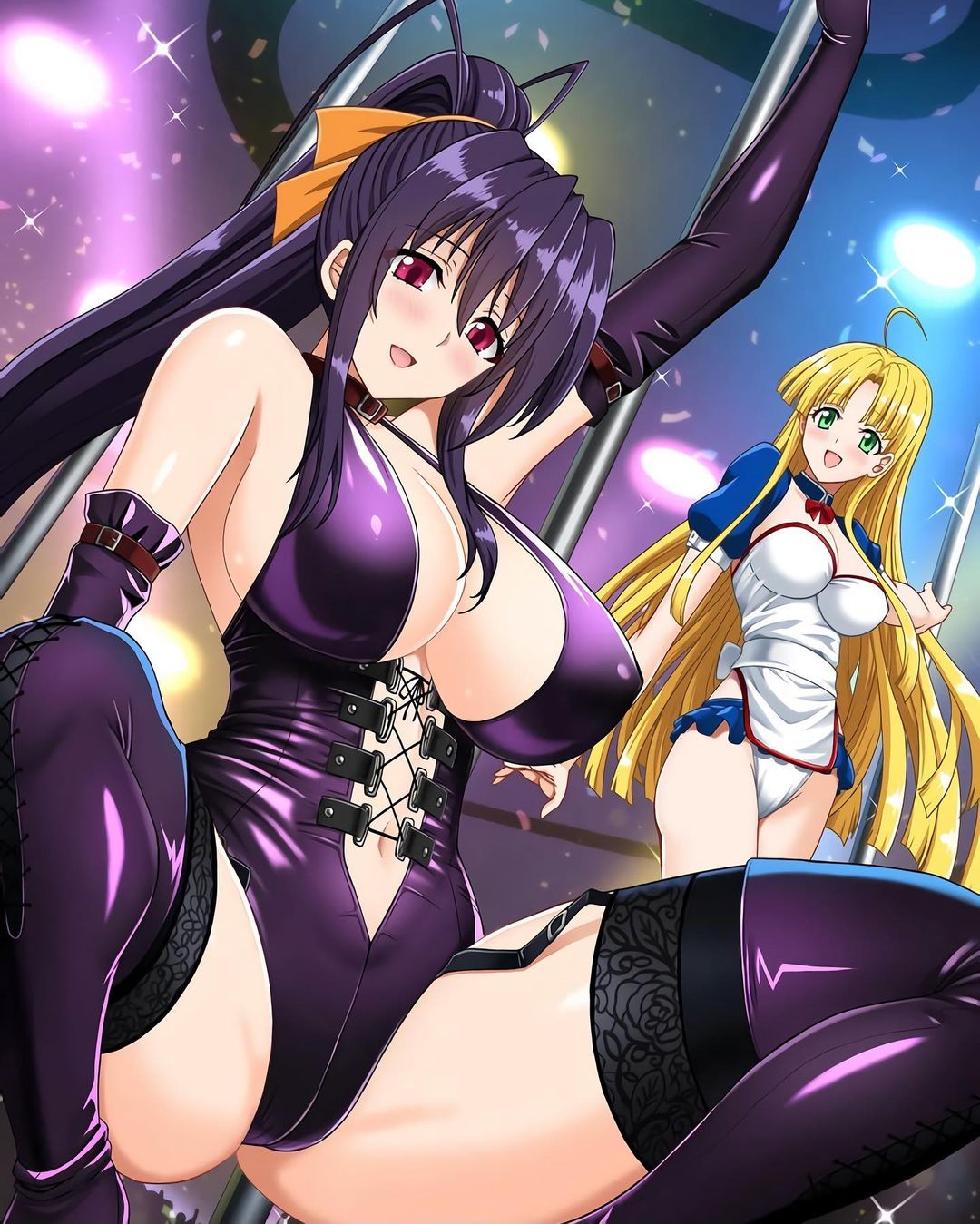 akeno himejima, asia argento, collar, elbow gloves, female, female only, high school dxd, pole, thighhighs
