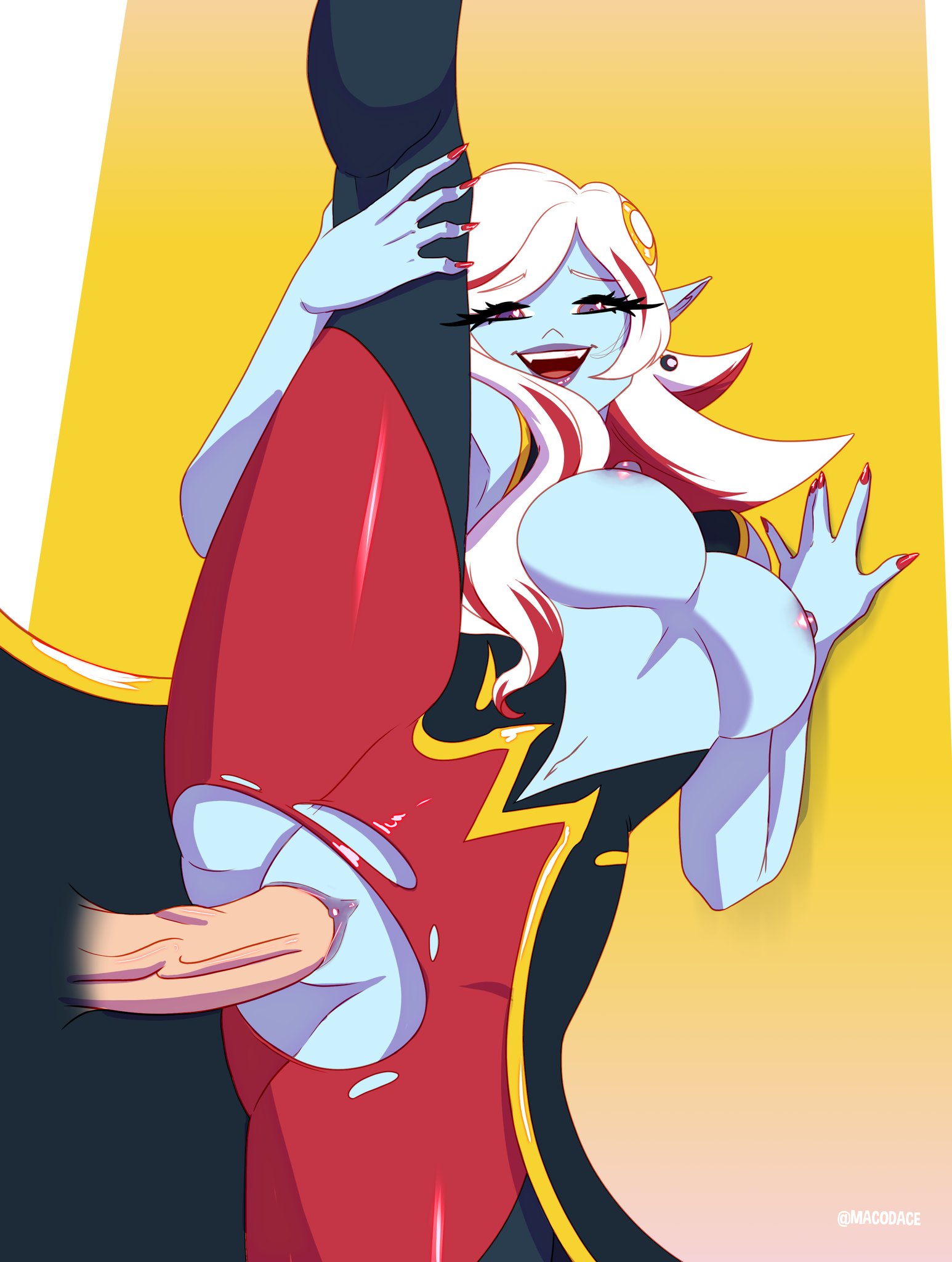 demon, demon girl, dragon ball, dragon ball heroes, dragon ball xenoverse, female, male, multicolored hair, penis, towa