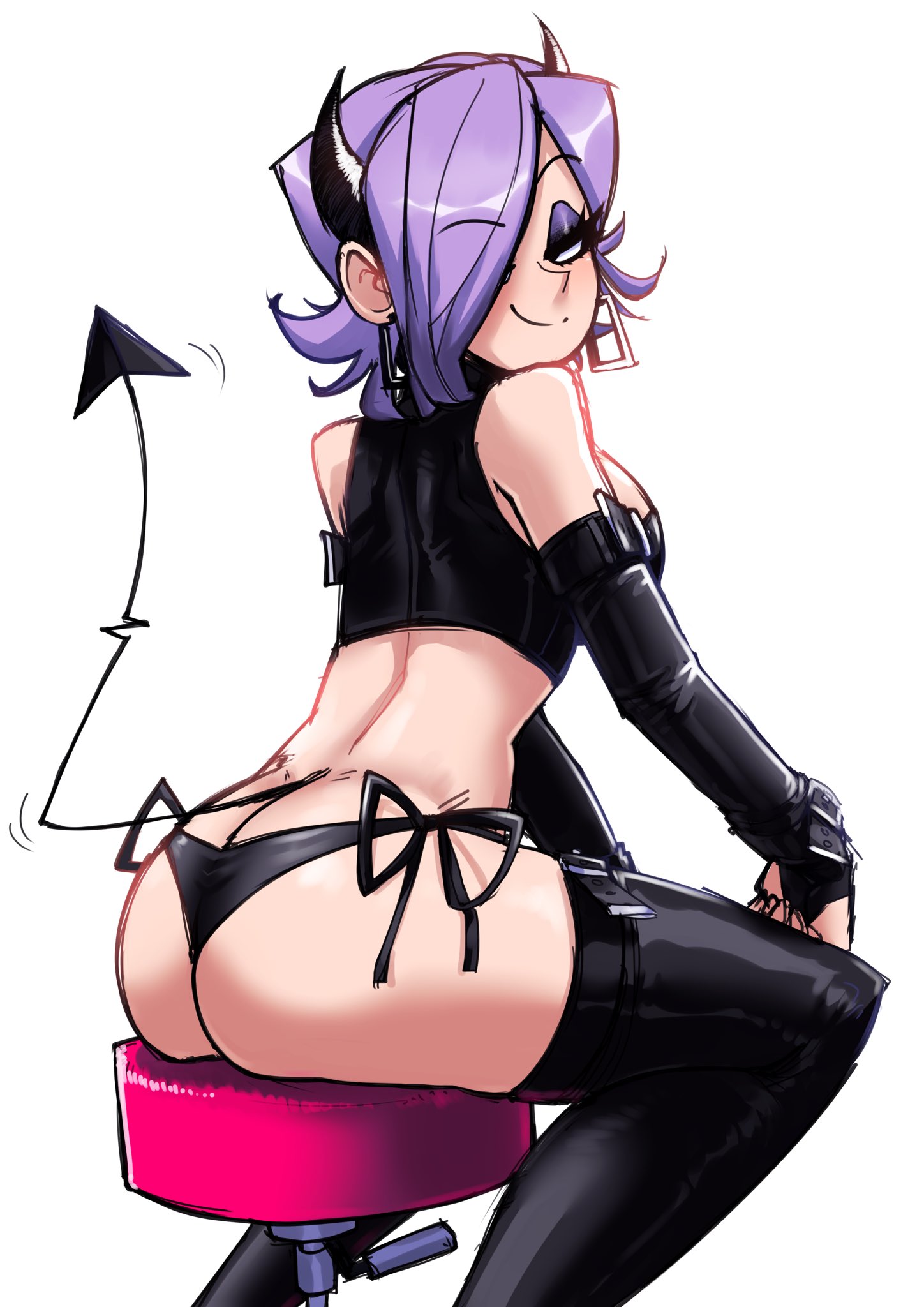 1girls, ass, breasts, bubble ass, bubble butt, devil tail, earrings, eyeshadow, female, gingrjoke, hair over one eye, liz (gingrjoke), looking at viewer, oc, original, original character, purple hair, short hair, sideboob, sitting, sitting on chair, solo, tail, thighhighs, white background, white skin