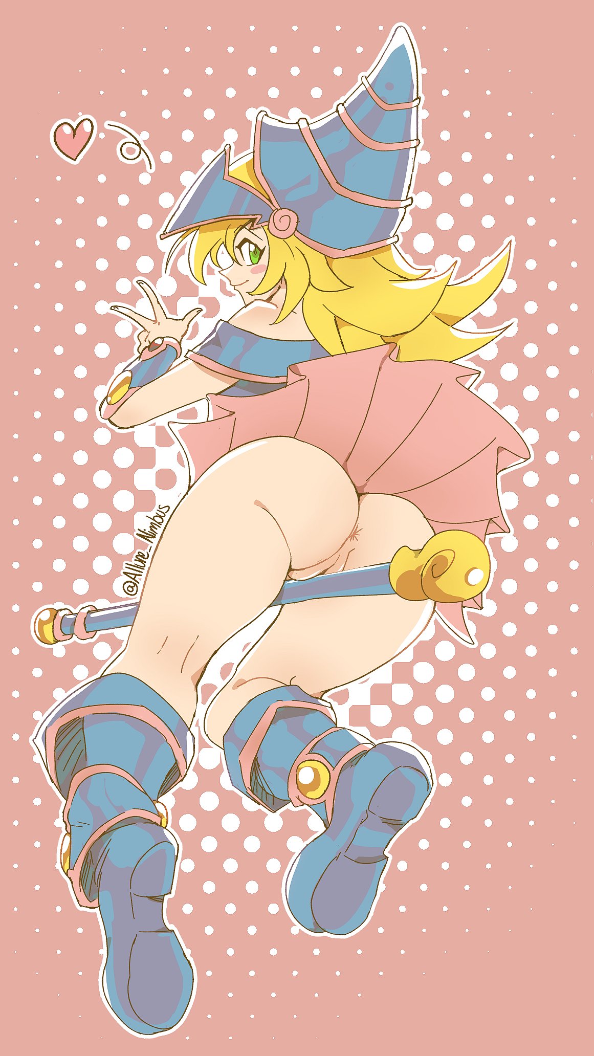 1girls, allurenimbus, anus, ass, back view, blonde hair, dark magician girl, female, female only, green eyes, heart, hi res, konami, long hair, looking at viewer, looking back, messy hair, no panties, pose, pussy, skirt up, smiling, smiling at viewer, solo, solo female, witch hat, yu-gi-oh!