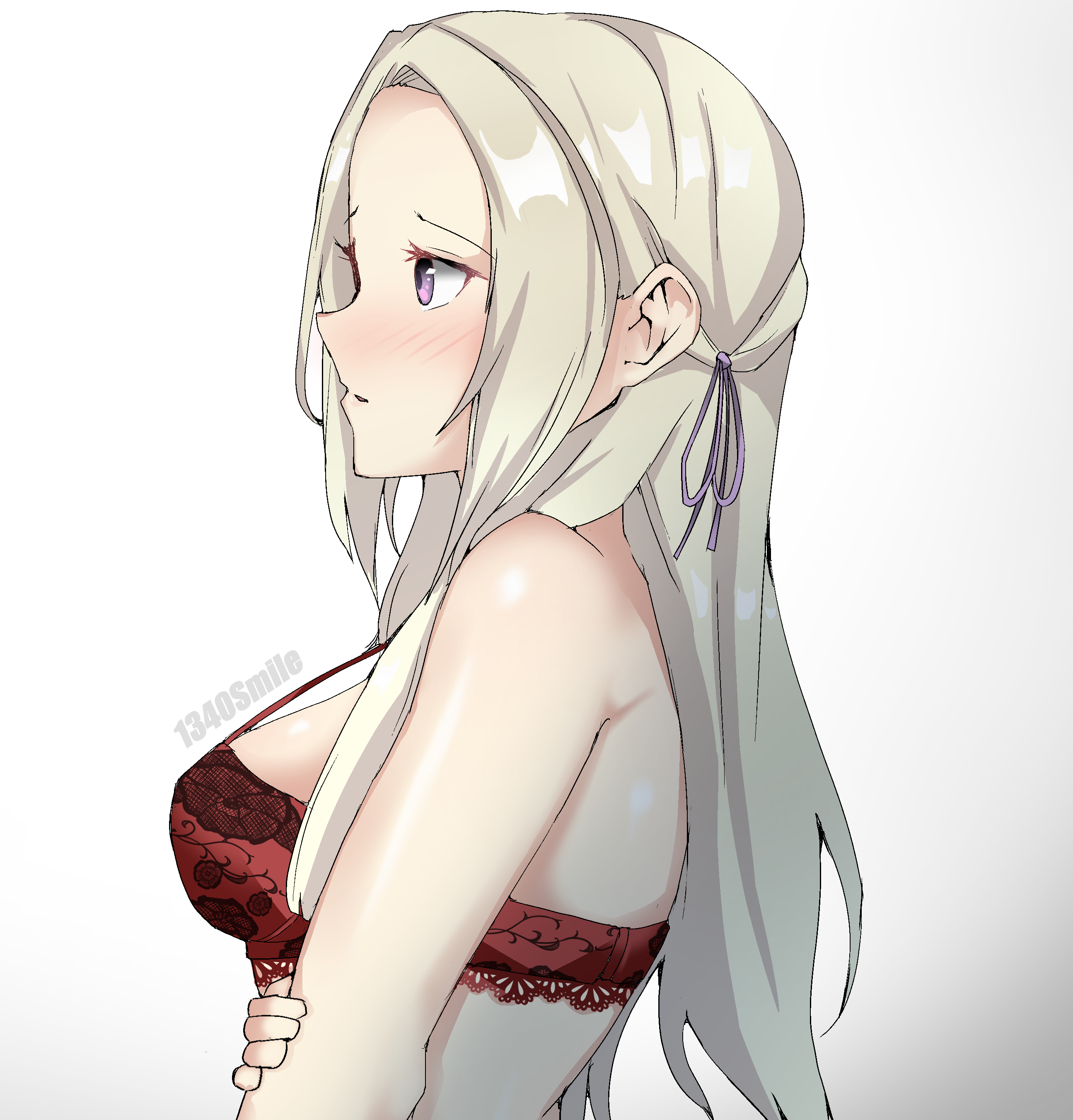 1340smile, 1girls, absurdres, bra, breasts, commentary, edelgard von hresvelg, english commentary, female, fire emblem, fire emblem: three houses, hair tie, hand on own arm, highres, long hair, looking to the side, medium breasts, nintendo, purple eyes, red bra, solo female, standing, underwear, upper body, watermark, white background, white hair